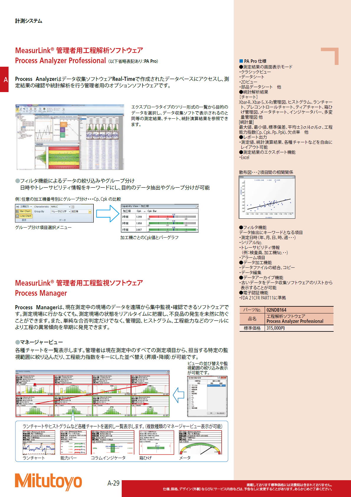 ミツトヨ Mitutoyo　MeasurLink® 管理者用工程解析ソフトウェア　Process Analyzer Professional （以下省略表記あり：PA Pro）