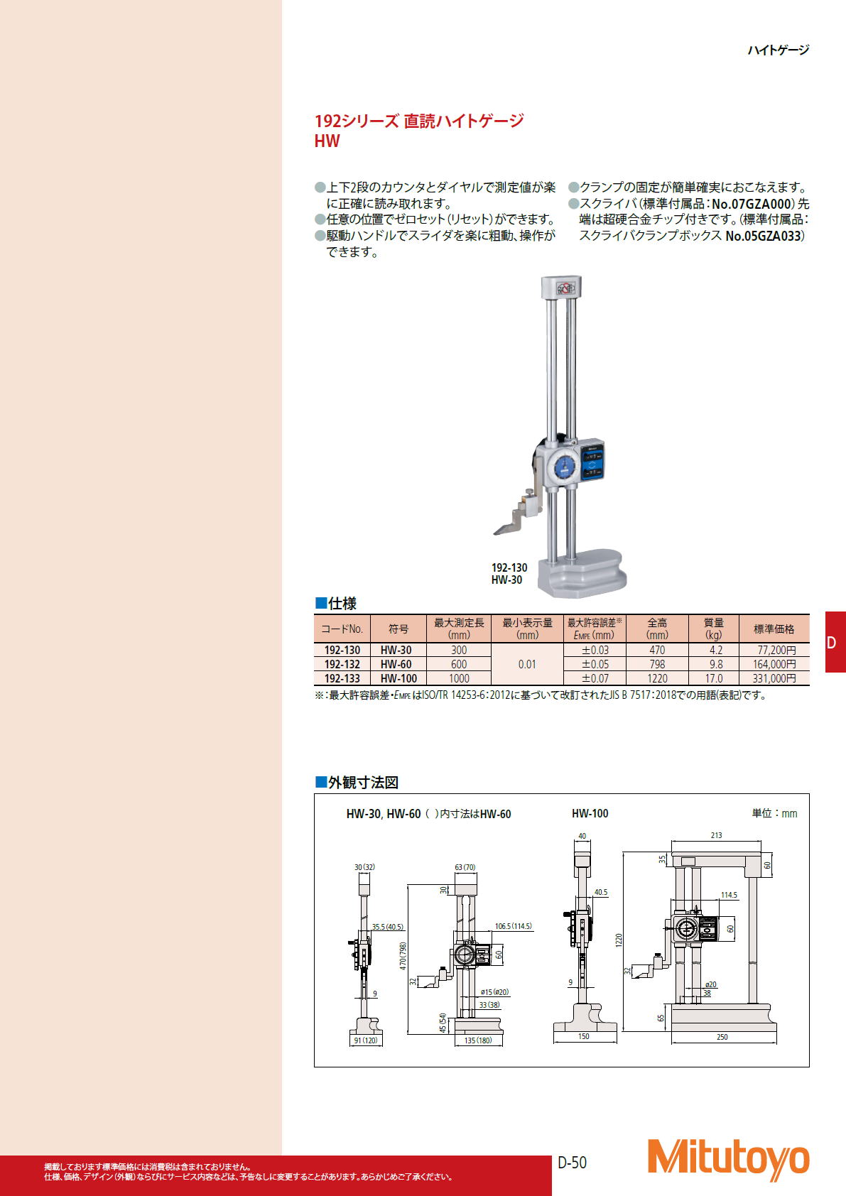 ミツトヨ　Mitutoyo　192シリーズ 直読ハイトゲージ　HW