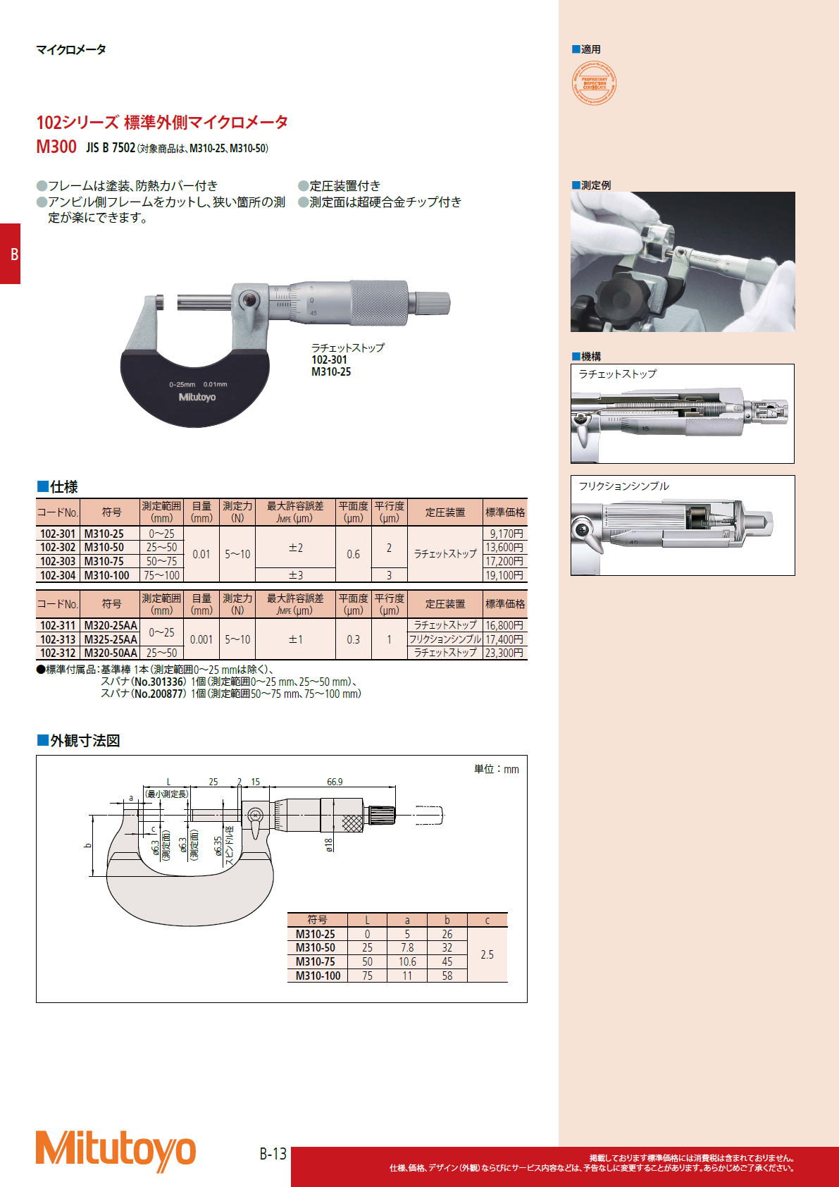 ミツトヨ Mitutoyo　102シリーズ 標準外側マイクロメータ　M300 JIS B 7502（対象商品は、M310-25、M310-50）