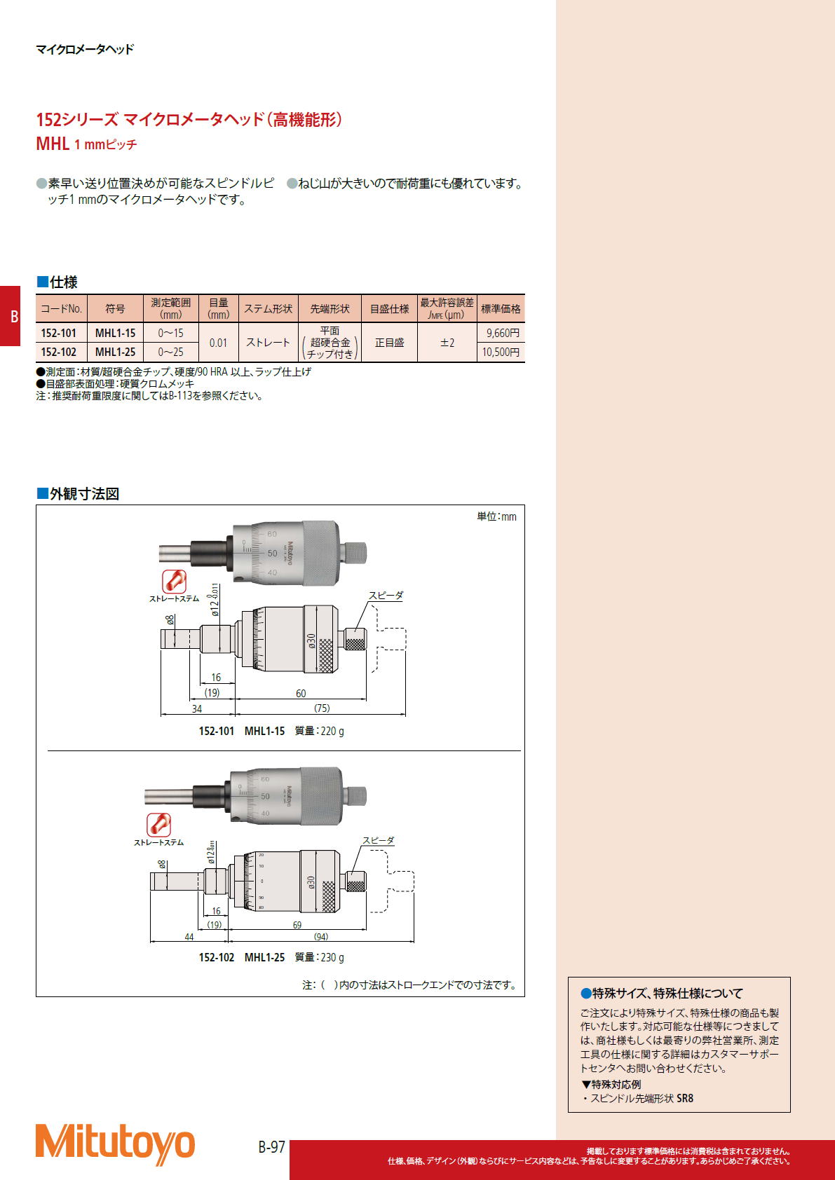 ミツトヨ Mitutoyo　152シリーズ マイクロメータヘッド（高機能形）MHL 1mmピッチ