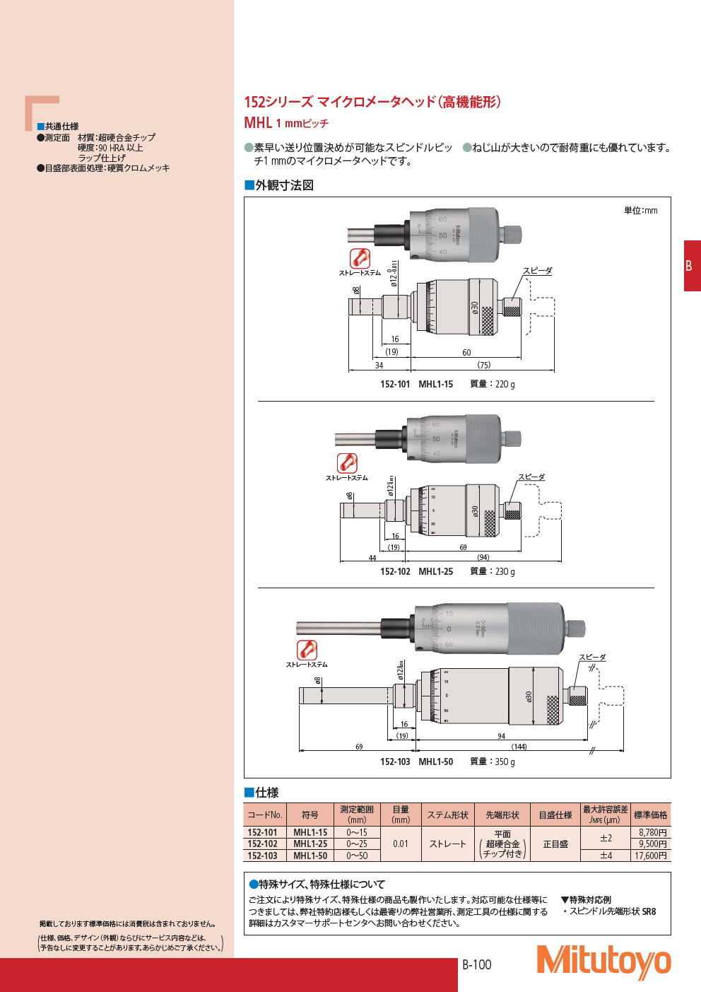 ミツトヨ　マイクロメータヘッド　152シリーズ マイクロメータヘッド（高機能形） MHL 1 mmピッチ