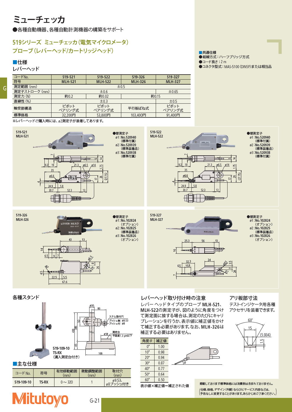 ミツトヨ　519シリーズ ミューチェッカ（電気マイクロメータ） プローブ（レバーヘッド/カートリッジヘッド）