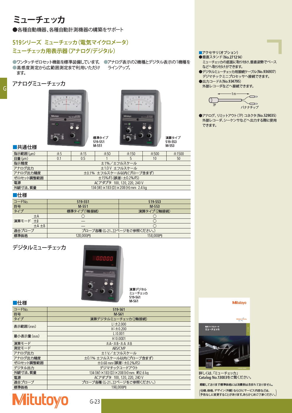 ミツトヨ　519シリーズ ミューチェッカ（電気マイクロメータ）　ミューチェッカ用表示器（アナログ/デジタル）
