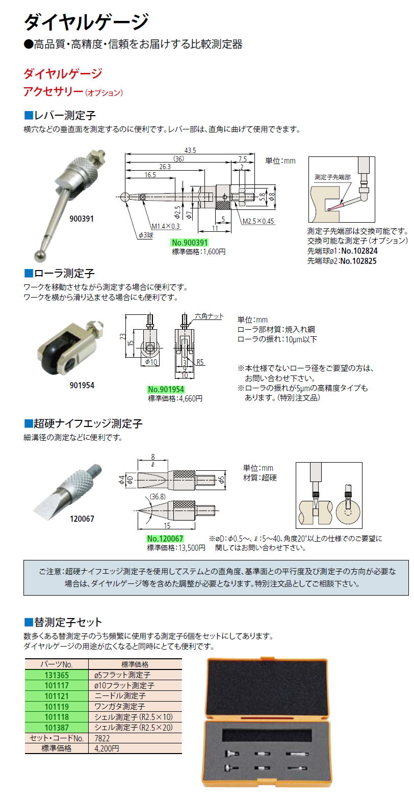 ミツトヨ　ダイヤルゲージ　アクセサリ（ｵﾌﾟｼｮﾝ） ■レバー測定子■ローラ測定子■超硬ナイフエッジ測定子■替測定子セット No.900391,No.901954,No.120067,No.131365,No.101117,No.101121,No.101119,No.101118,No.101387,No.7822