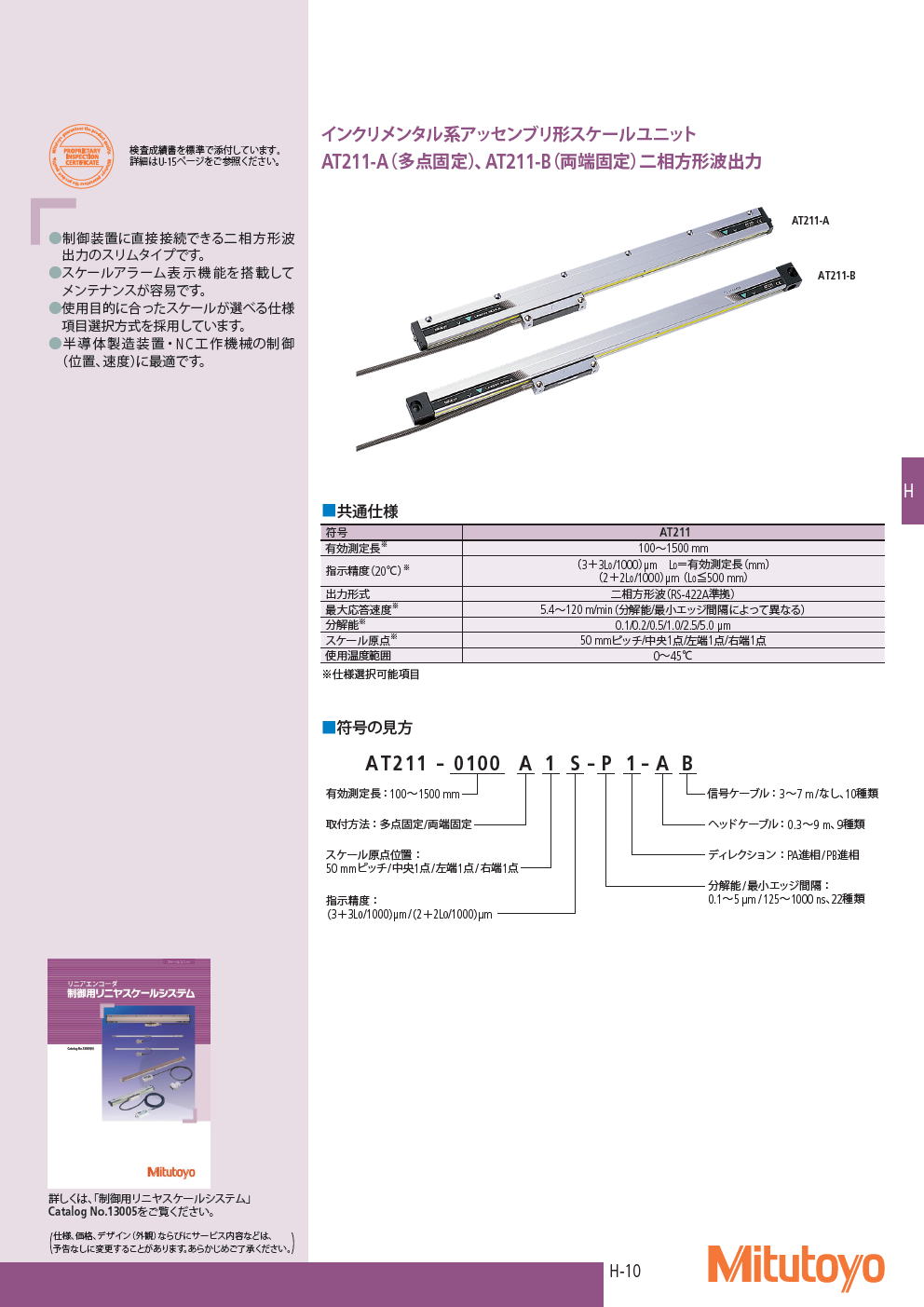 ミツトヨ　インクリメンタル系アッセンブリ形スケールユニット　AT211-A（多点固定）、AT211-B（両端固定）二相方形波出力