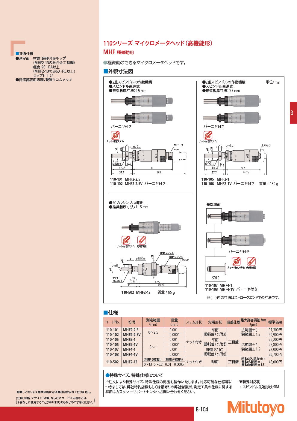 ミツトヨ　110シリーズ マイクロメータヘッド（高機能形）　MHF 極微動用