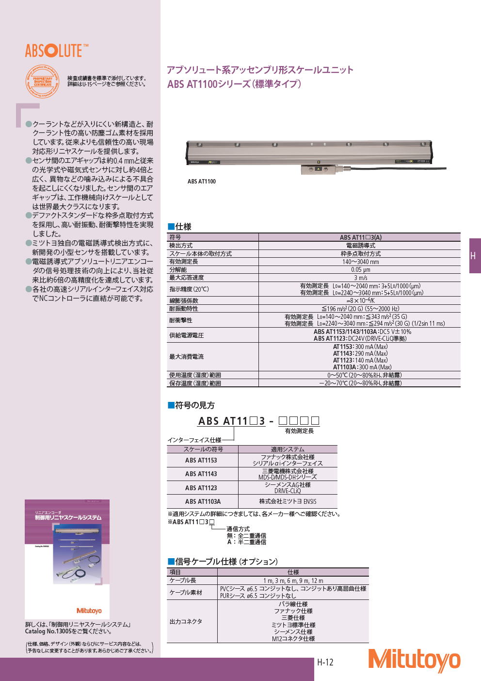 ミツトヨ　アブソリュート系アッセンブリ形スケールユニット　ABS AT1100シリーズ（標準タイプ）