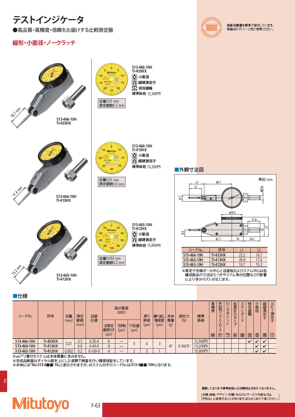 ミツトヨ　513シリーズ テストインジケータ　縦形・小面径・ノークラッチ