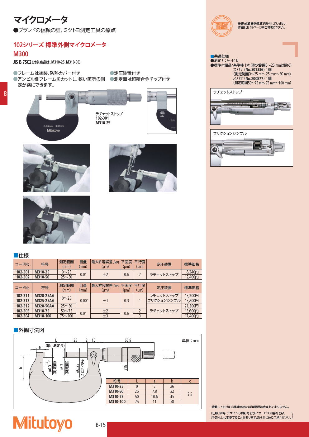 ミツトヨ　マイクロメータ　102シリーズ 標準外側マイクロメータ　M300