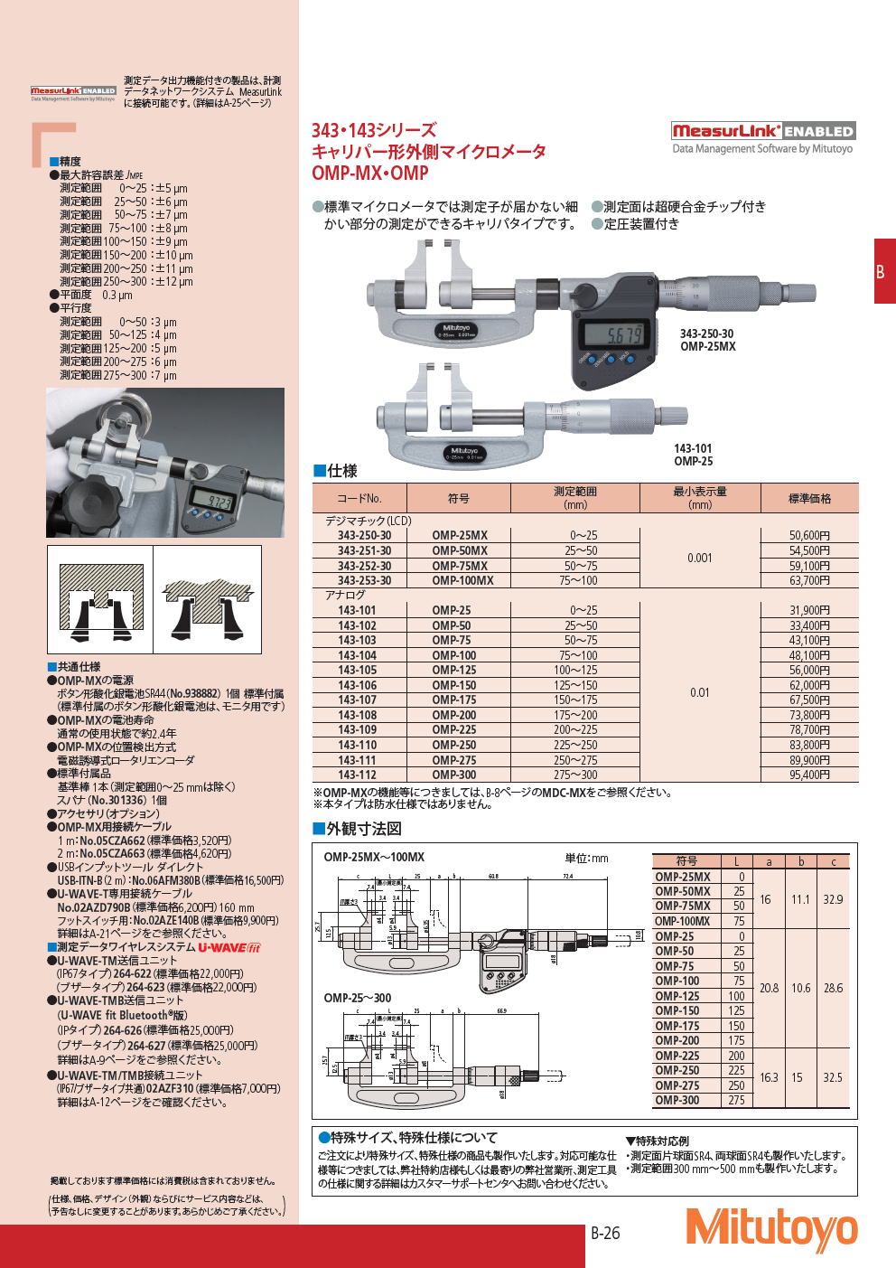 ミツトヨ　マイクロメータ　343・143シリーズ　キャリパー形外側マイクロメータ　OMP-MX・OMP