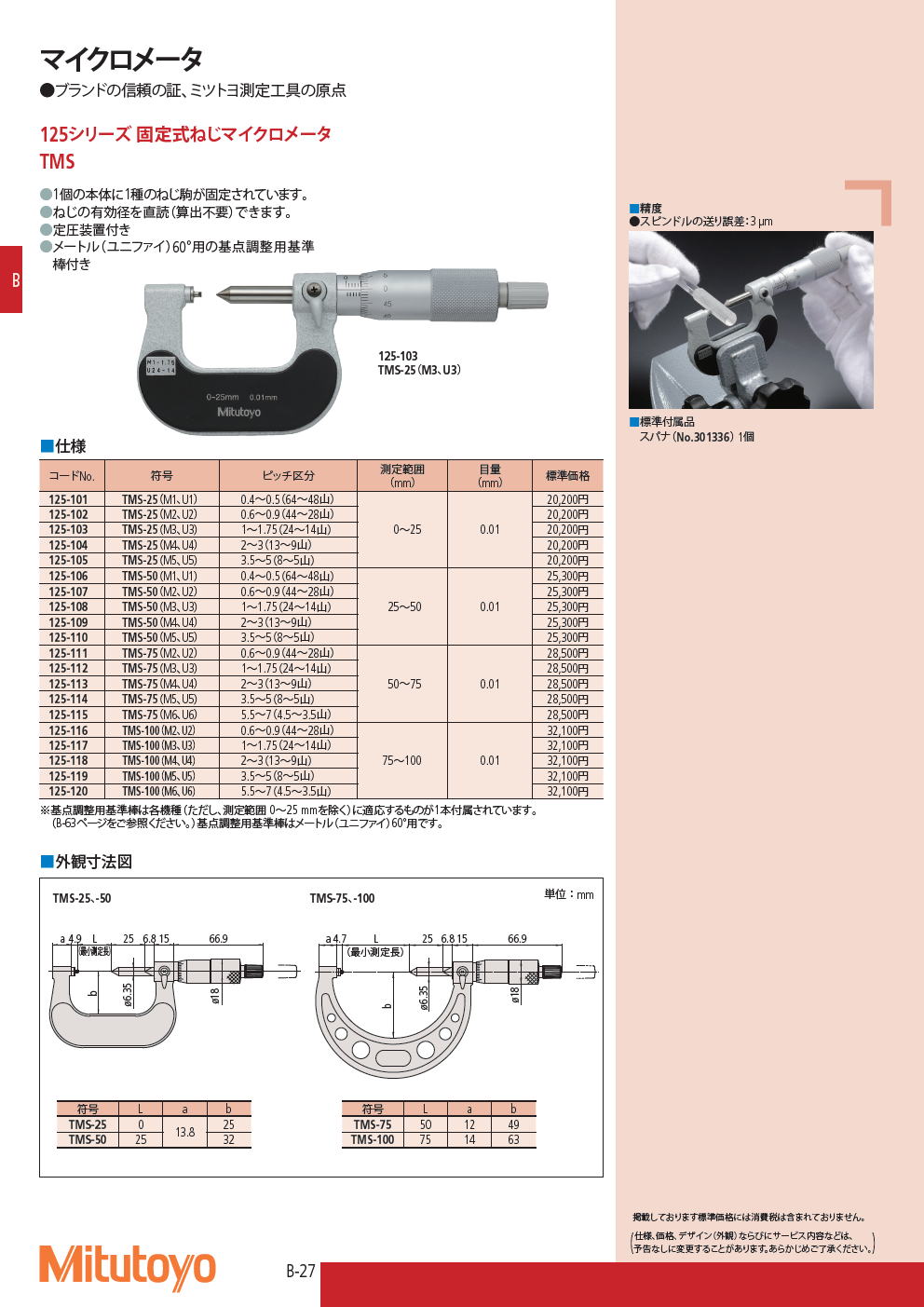 ミツトヨ　マイクロメータ　125シリーズ 固定式ねじマイクロメータ　TMS
