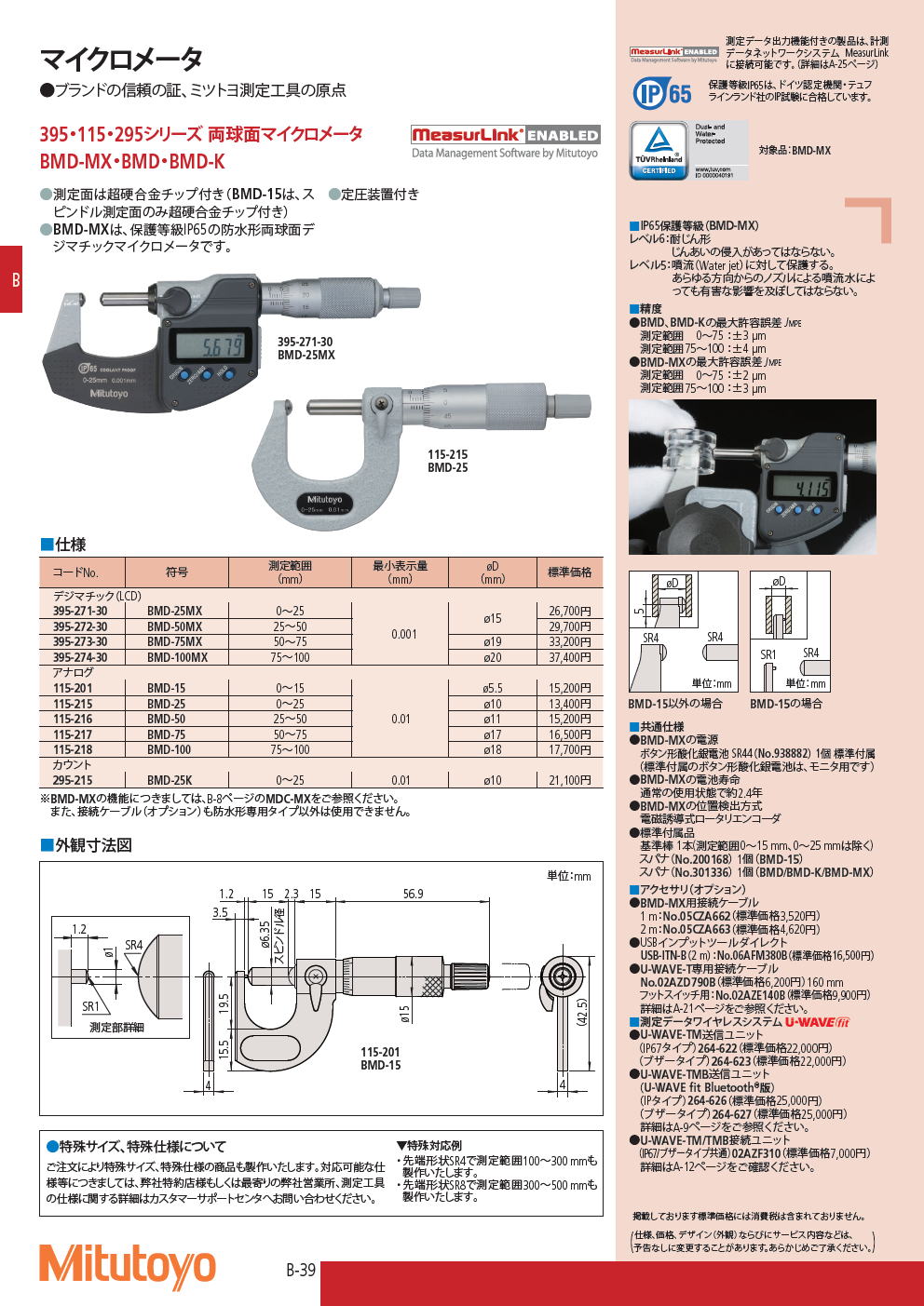 ミツトヨ　マイクロメータ　395・115・295シリーズ 両球面マイクロメータ　BMD-MX・BMD・BMD-K