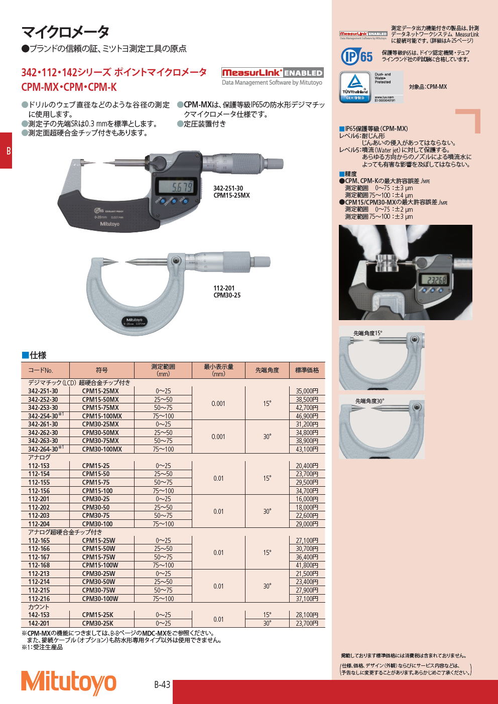 ミツトヨ　マイクロメータ　342・112・142シリーズ ポイントマイクロメータ　CPM-MX・CPM・CPM-K