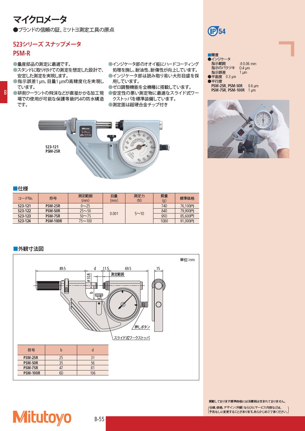 ミツトヨ　マイクロメータ　523シリーズ スナップメータ　PSM-R