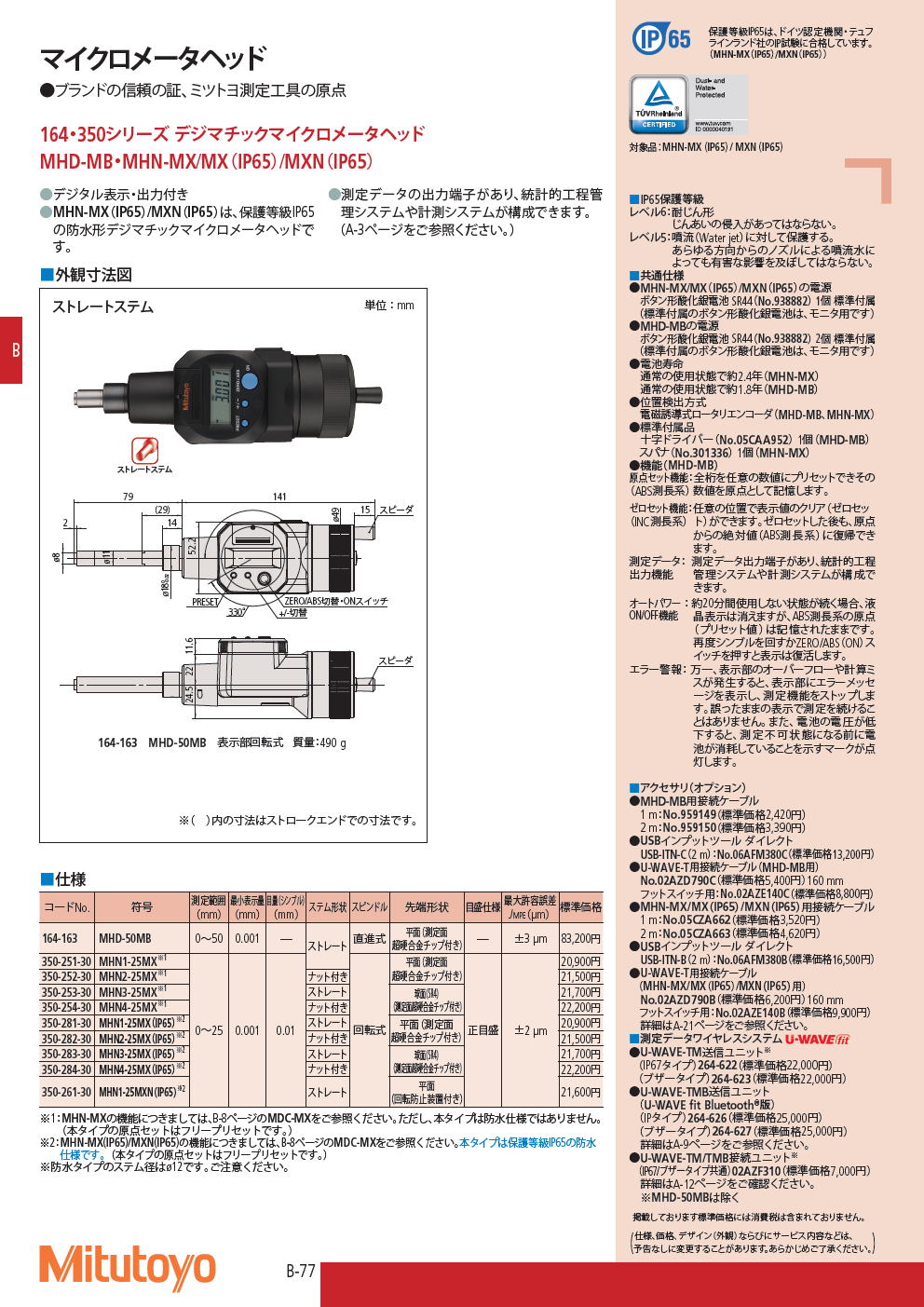 ミツトヨ マイクロメータヘッド 164・350シリーズ デジマチックマイクロメータヘッド MHD-MB・MHN-MX/MX（IP65）/MXN（IP65）