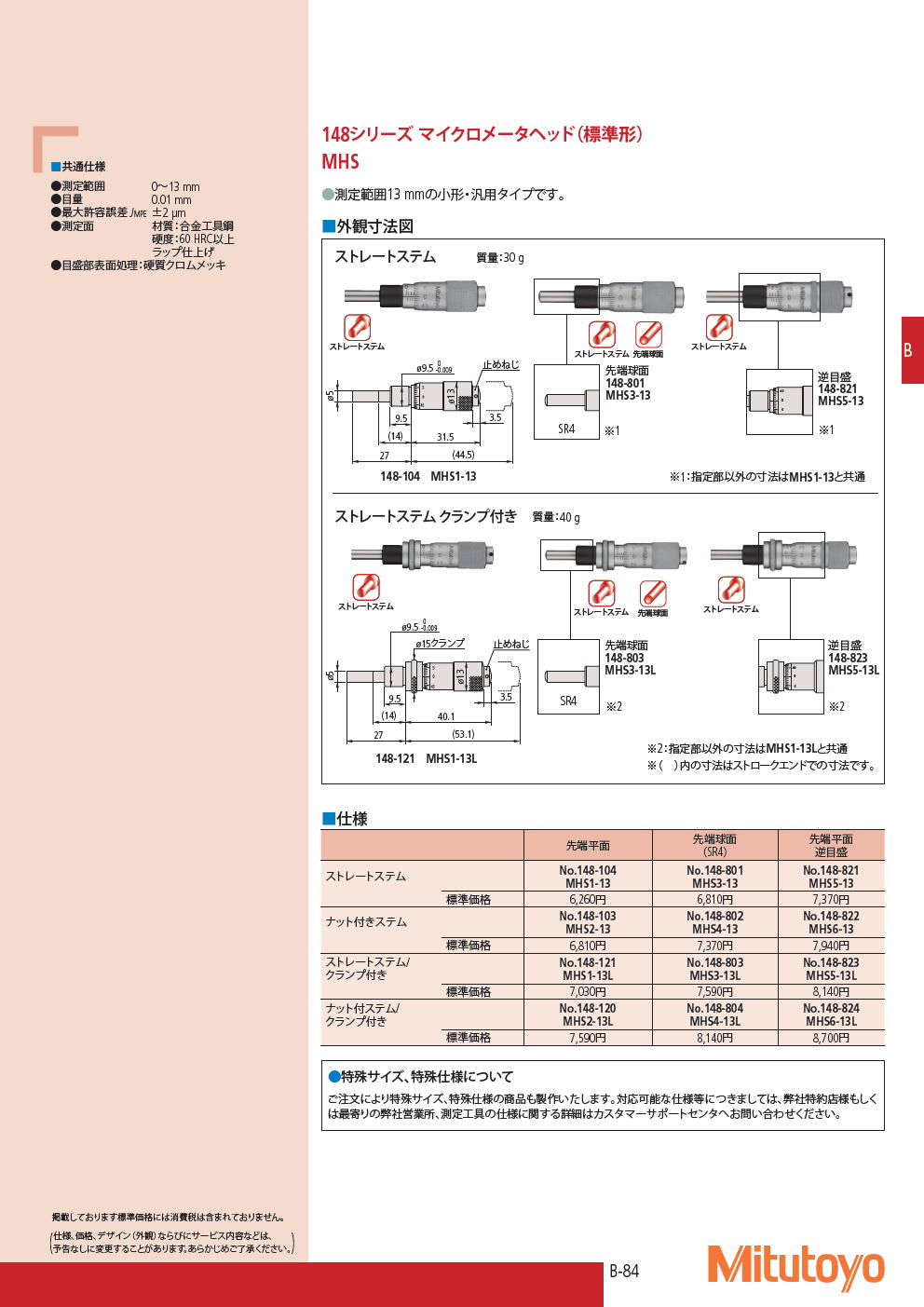 ミツトヨ　マイクロメータヘッド　148シリーズ マイクロメータヘッド（標準形）　MHS