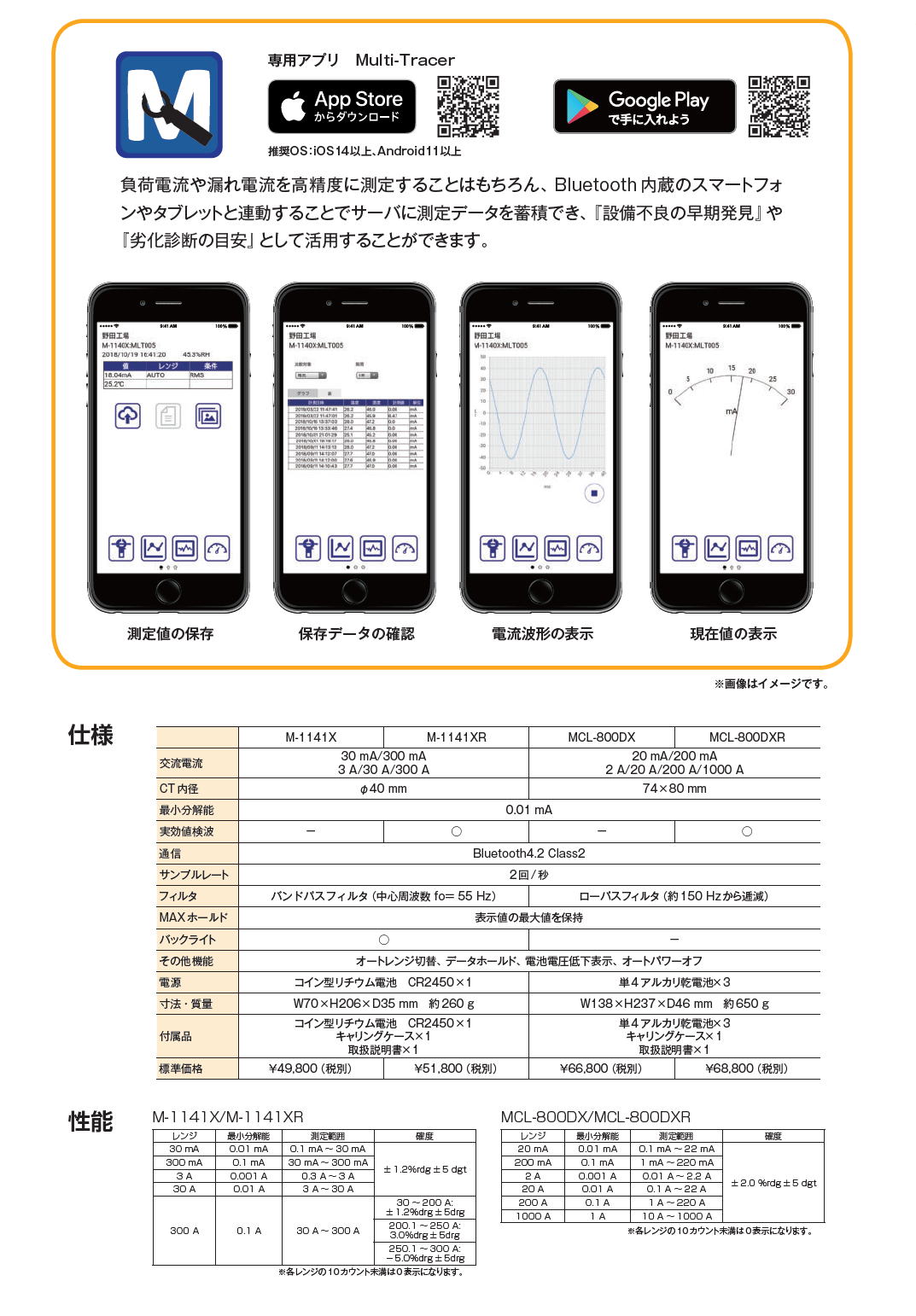 ・マルチ計測器　Bluetooth内蔵　ACクランプリーカー　M-1141X / M-1141XR / MCL-800DX / MCL-800DXR