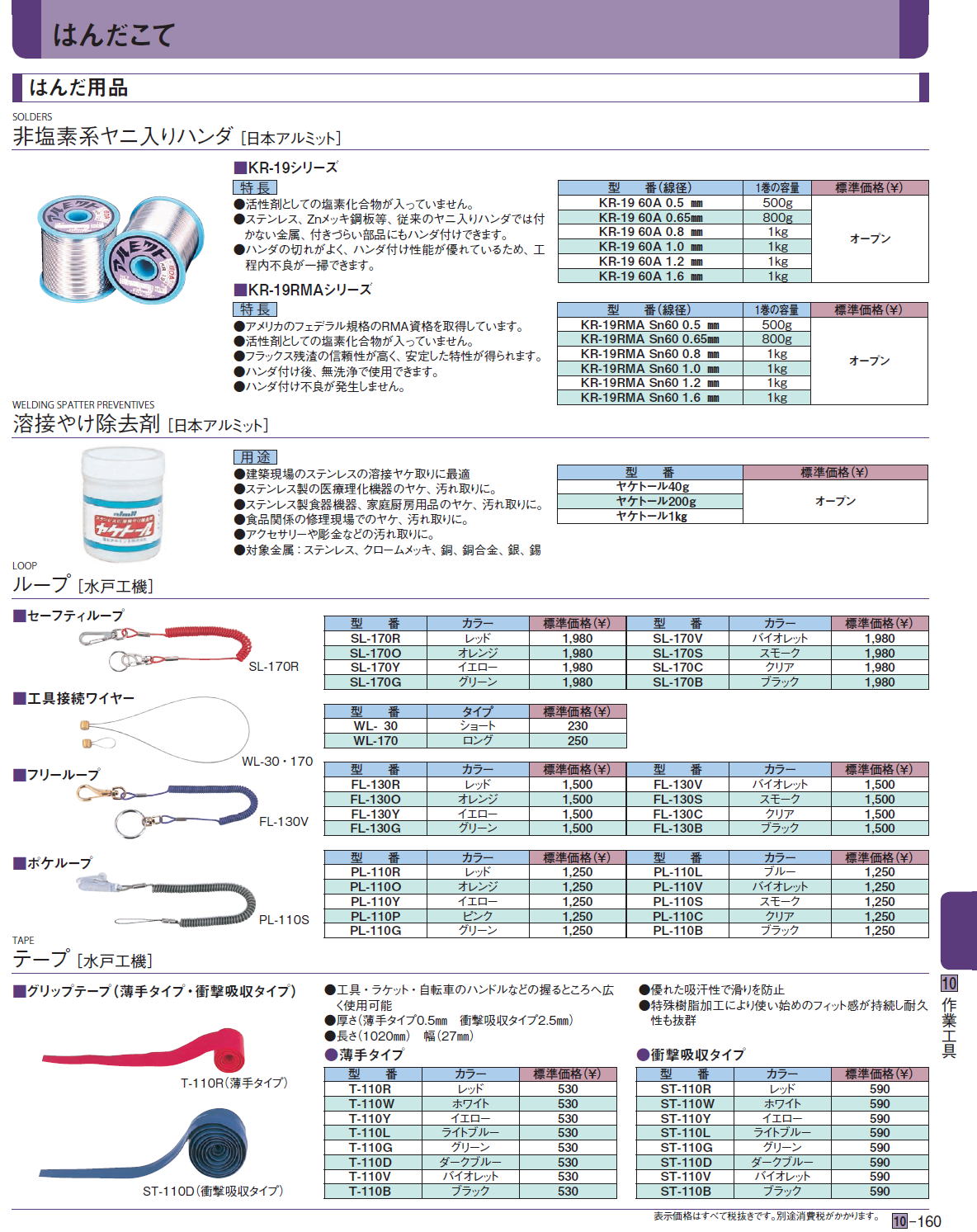 非塩素系ヤニ入りハンダ ［日本アルミット］非塩素系ヤニ入りハンダ / 溶接やけ除去剤［日本アルミット］ループ［ 水戸工機］テープ［ 水戸工機］