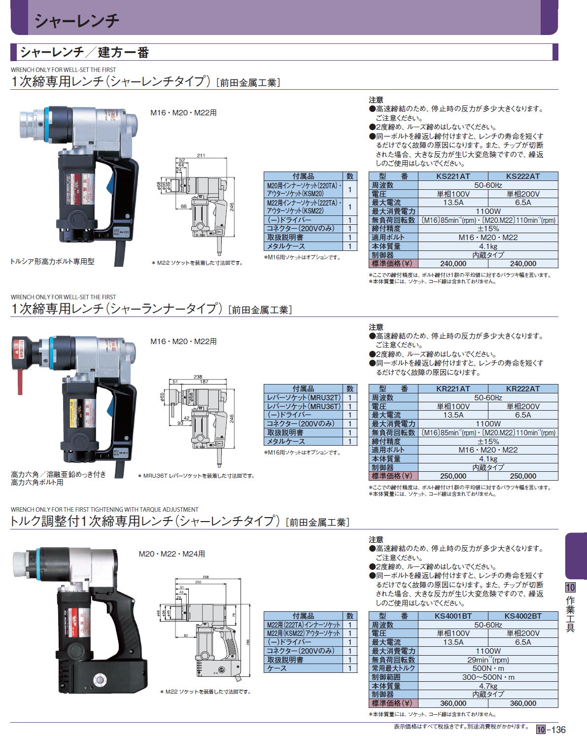 シャーレンチ／建方一番　1次締専用レンチ（シャーレンチタイプ）1次締専用レンチ（シャーランナータイプ）トルク調整付1次締専用レンチ（シャーレンチタイプ)［ 前田金属工業］