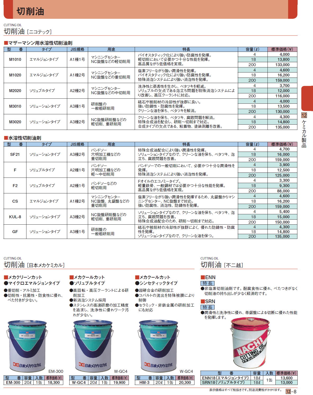 切削油 ［ニコテック］　マザーマシン用水溶性切削油剤　■水溶性切削油剤　切削油 ［日本メカケミカル］　切削油［ 不二越］　