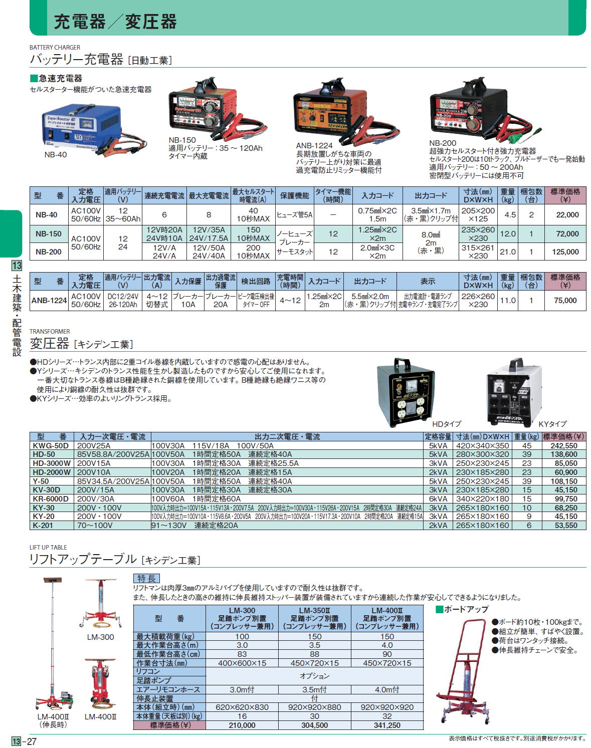 充電器／変圧器  バッテリー充電器［ 日動工業］ 変圧器 ［キシデン工業］ リフトアップテーブル ［キシデン工業］