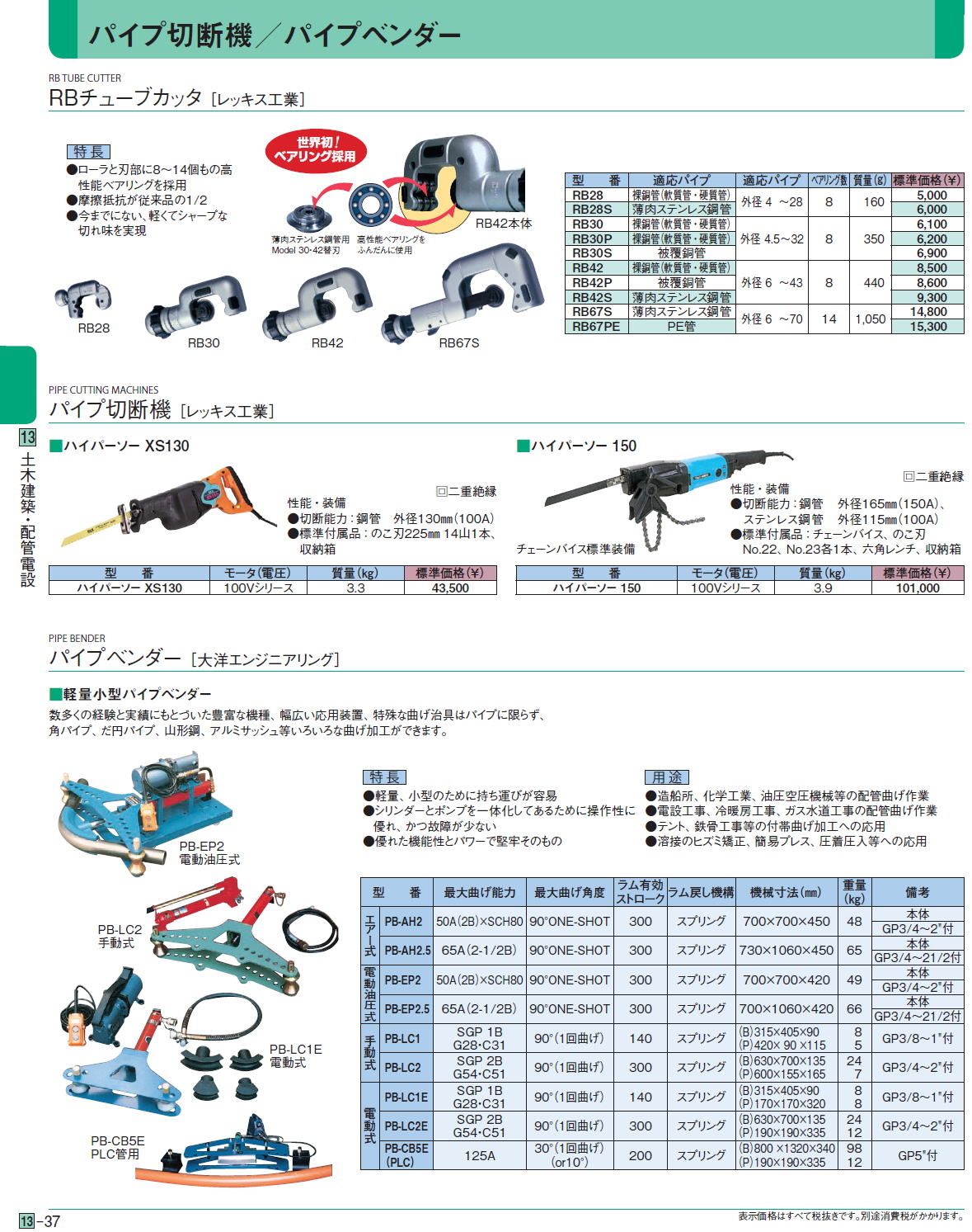 パイプ切断機／パイプベンダー RBチューブカッタ［ レッキス工業］ パイプ切断機 ［レッキス工業］ パイプベンダー［ 大洋エンジニアリング］