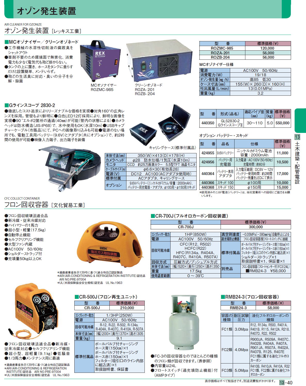 オゾン発生装置　・オゾン発生装置 ［レッキス工業］　フロン回収容器 ［文化貿易工業］
