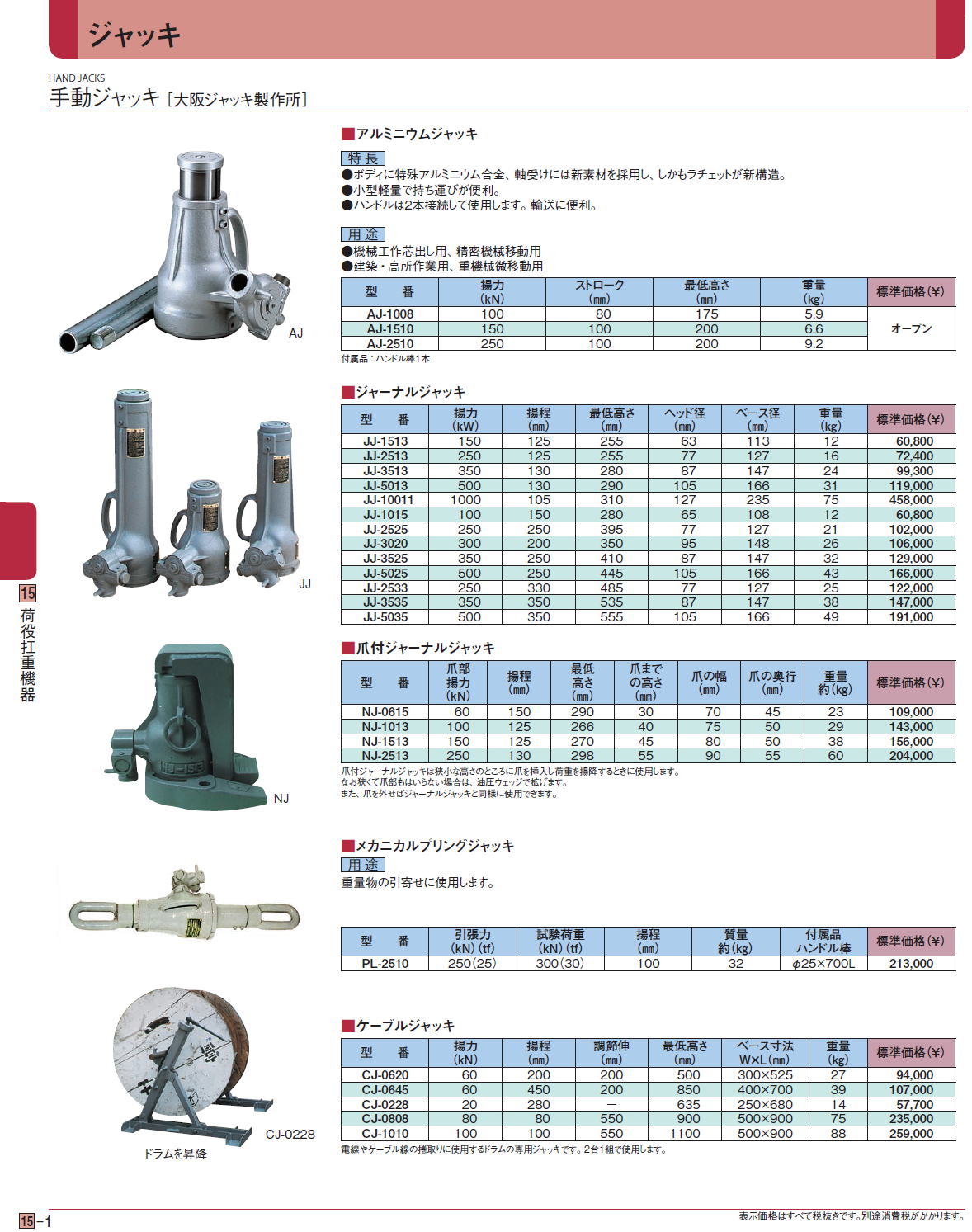 ジャッキ 手動ジャッキ［ 大阪ジャッキ製作所］ アルミニウムジャッキ / ジャーナルジャッキ / 爪付ジャーナルジャッキ / メカニカルプリングジャッキ / ケーブルジャッキ