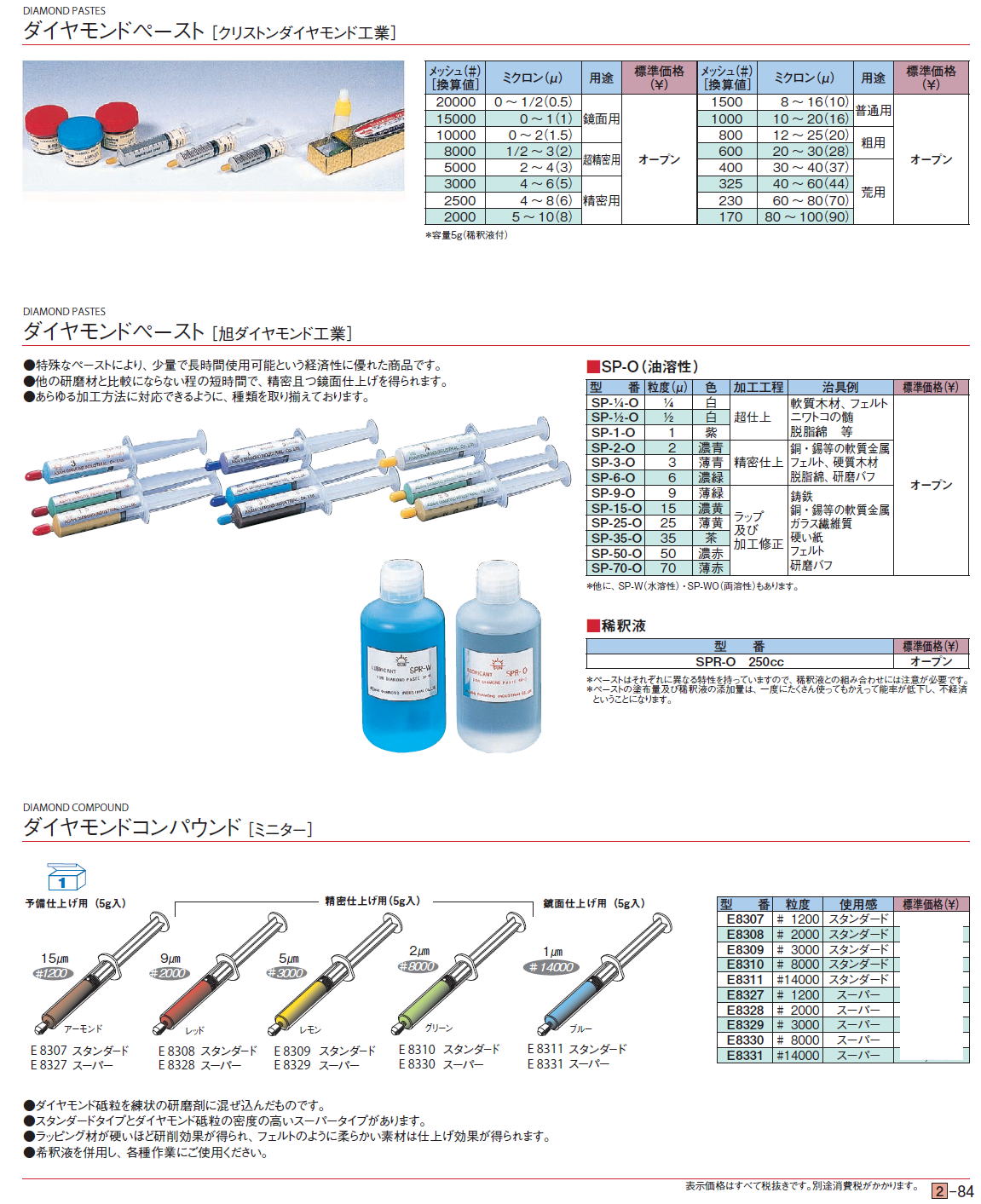 研磨剤・ダイヤモンド工具　ダイヤモンドペースト ［クリストンダイヤモンド工業］/ダイヤモンドペースト［ 旭ダイヤモンド工業］/ダイヤモンドコンパウンド ［ミニター］ 20000# 0 ?1/2（0.5） 鏡面用,15000# 0 ?1（1）鏡面用,10000# 0?2（1.5）鏡面用,8000# 1/2 ?3（2）超精密用,5000# 2 ?4（3）超精密用,3000# 4?6（5）精密用,2500# 4 ?8（6）精密用,2000# 5 ?10（8）精密用,1500# 8 ?16（10）普通用,1000# 10 ?20（16）普通用,800# 12?25（20）粗用,600# 20 ?30（28）粗用,400# 30 ?40（37）荒用,325# 40 ?60（44）荒用,230# 60 ?80（70）荒用,170# 80 ?100（90）荒用,SP-1/4-O　1/4白 /超仕上,SP-1/2-O　1/2白 /超仕上,SP-1-O　1紫 /超仕上,SP-2-O　2濃青 精密仕上,SP-3-O　3薄青 精密仕上,SP-6-O　6濃緑 精密仕上,SP-15-O　15濃黄　ラップ及び加工修正,SP-25-O　25薄黄　ラップ及び加工修正,SP-35-O　35茶　ラップ及び加工修正,SP-50-O　50薄赤　ラップ及び加工修正,SP-70-O　70薄赤　ラップ及び加工修正,SPR-O　250cc,E8307 # 1200 スタンダード,E8308 # 2000 スタンダード,E8309 # 3000 スタンダード,E8310 # 8000 スタンダード,E8311 #14000 スタンダード,E8327 # 1200 スーパー,E8328 # 2000 スーパー10,600,E8329 # 3000 スーパー,E8330 # 8000 スーパー,E8331 #14000 スーパー