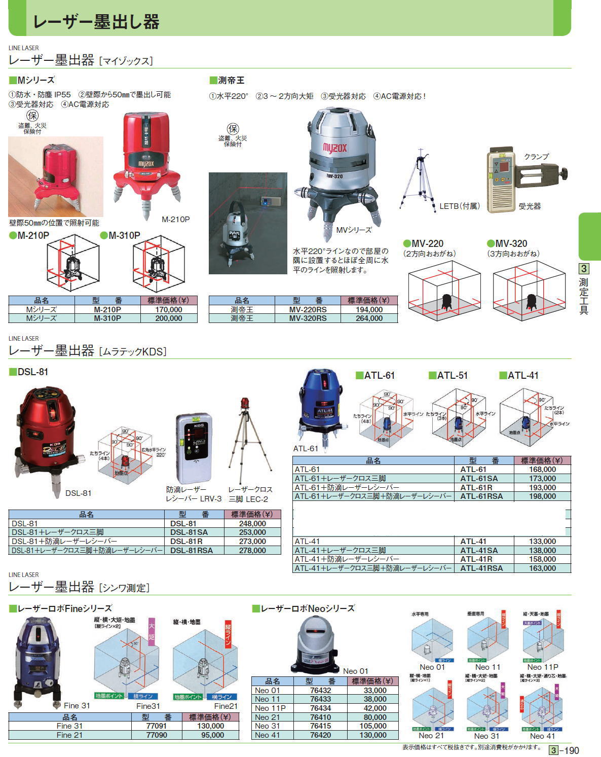 レーザー墨出器 ［マイゾックス］ レーザー墨出器［ ムラテックKDS］ MシリーズM-210P,MシリーズM-310P,測帝王MV-220RS,測帝王MV-320RS,DSL-81 DSL-81,DSL-81＋レーザークロス三脚DSL-81SA,DSL-81＋防滴レーザーレシーバーDSL-81R,DSL-81＋レーザークロス三脚＋防滴レーザーレシーバーDSL-81RSA,ATL-61 ATL-61,ATL-61＋レーザークロス三脚ATL-61SA,ATL-61＋防滴レーザーレシーバーATL-61R,ATL-61＋レーザークロス三脚＋防滴レーザーレシーバーATL-61RSA,ATL-51 ATL-51,ATL-51＋レーザークロス三脚ATL-51SA,ATL-51＋防滴レーザーレシーバーATL-51R,ATL-51＋レーザークロス三脚＋防滴レーザーレシーバーATL-51RSA,ATL-41 ATL-41,ATL-41＋レーザークロス三脚ATL-41SA,ATL-41＋防滴レーザーレシーバーATL-41R,ATL-41＋レーザークロス三脚＋防滴レーザーレシーバーATL-41RSA,Fine 31 77091,Fine 21 77090,Neo 01 76432,Neo 11 76433,Neo 11P 76434,Neo 21 76410,Neo 31 76415,Neo 41 76420