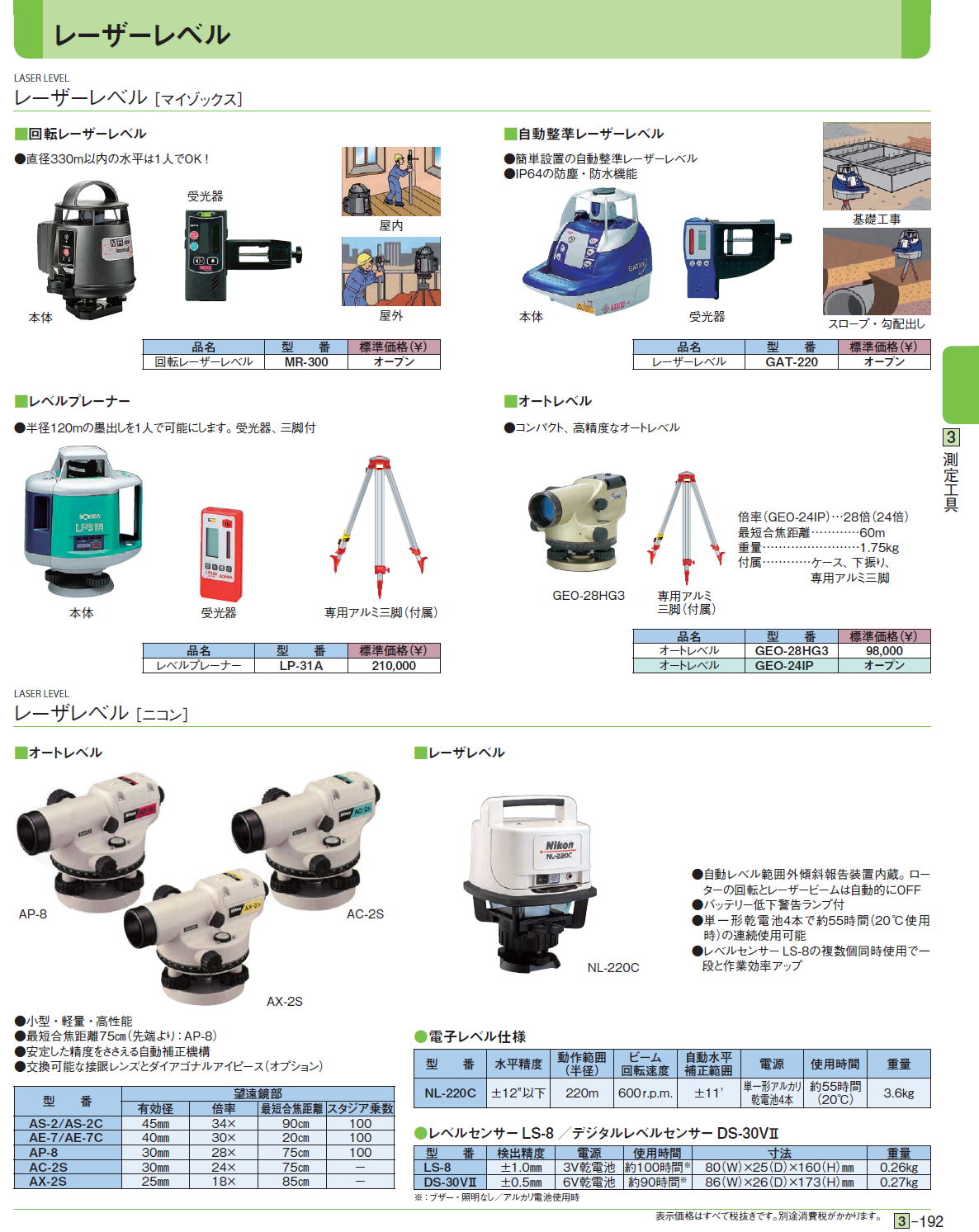 回転レーザーレベルMR-300,レーザーレベルGAT-220,レベルプレーナーLP-31A,オートレベルGEO-28HG3,オートレベルGEO-24IP,AS-2/AS-2C,AE-7/AE-7C,AP-8,AC-2S,AX-2S,NL-220C,LS-8,DS-30VⅡ