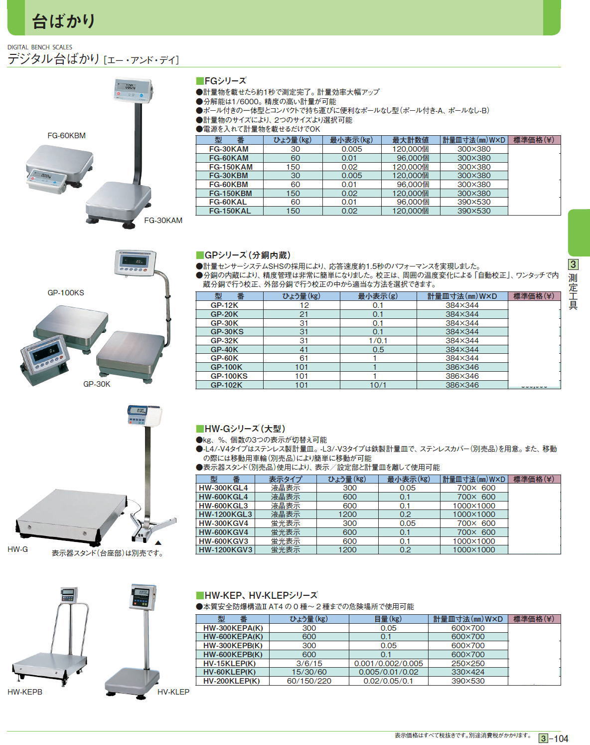 台ばかり　デジタル台ばかり ［エー・アンド・デイ］■FGシリーズ■GPシリーズ（分銅内蔵）■HW-Gシリーズ（大型）■HW-KEP、HV-KLEPシリーズ