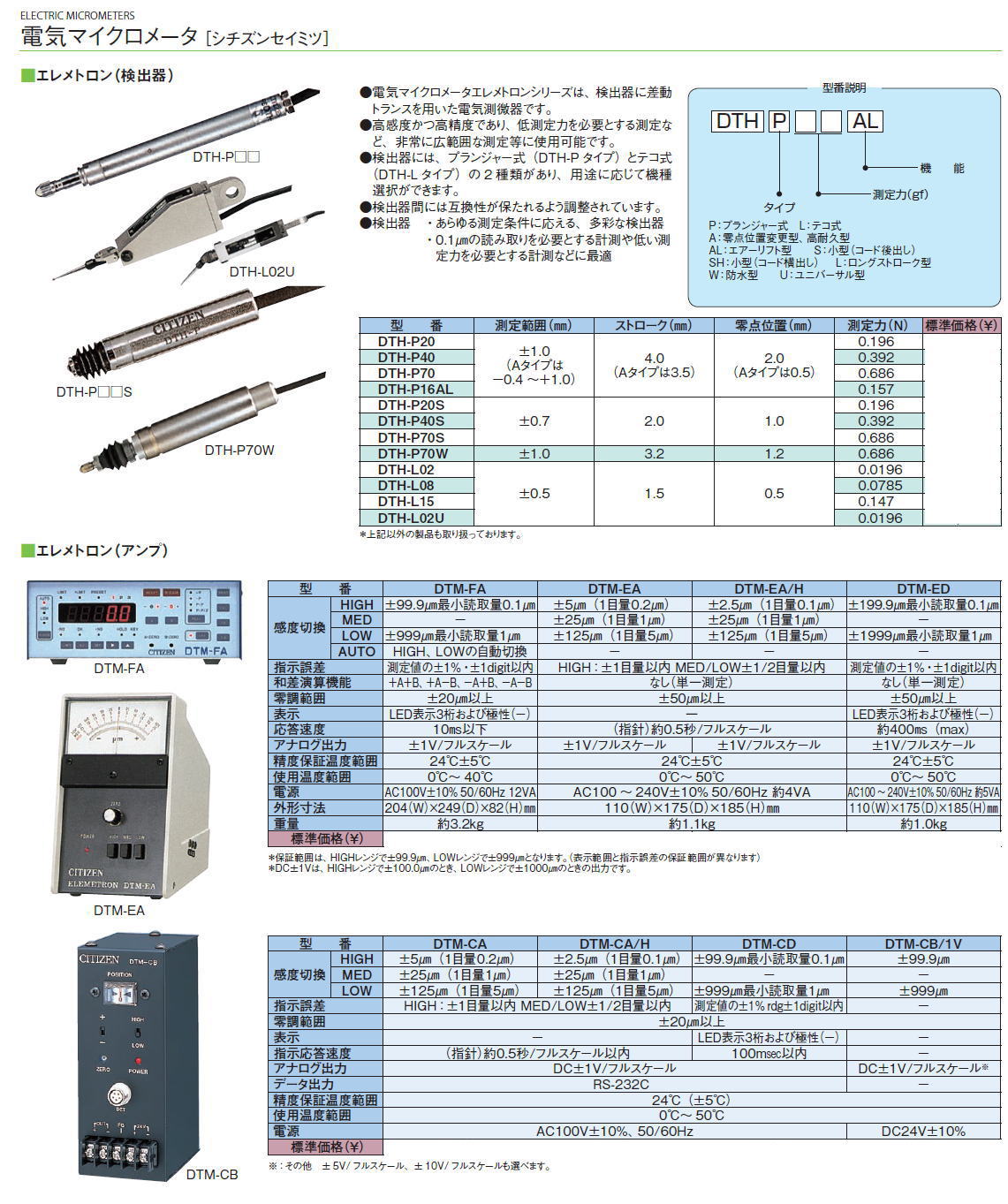 電気マイクロメータ［ シチズンセイミツ］ ■エレメトロン（検出器） ■エレメトロン（アンプ） DTH-P20 DTH-P40 DTH-P70 DTH-P16AL DTH-P20S DTH-P40S DTH-P70S DTH-P70W DTH-L02 DTH-L08 DTH-L15 DTH-L02U DTM-FA DTM-EA DTM-EA/H DTM-ED DTM-CA DTM-CA/H DTM-CD DTM-CB/1V