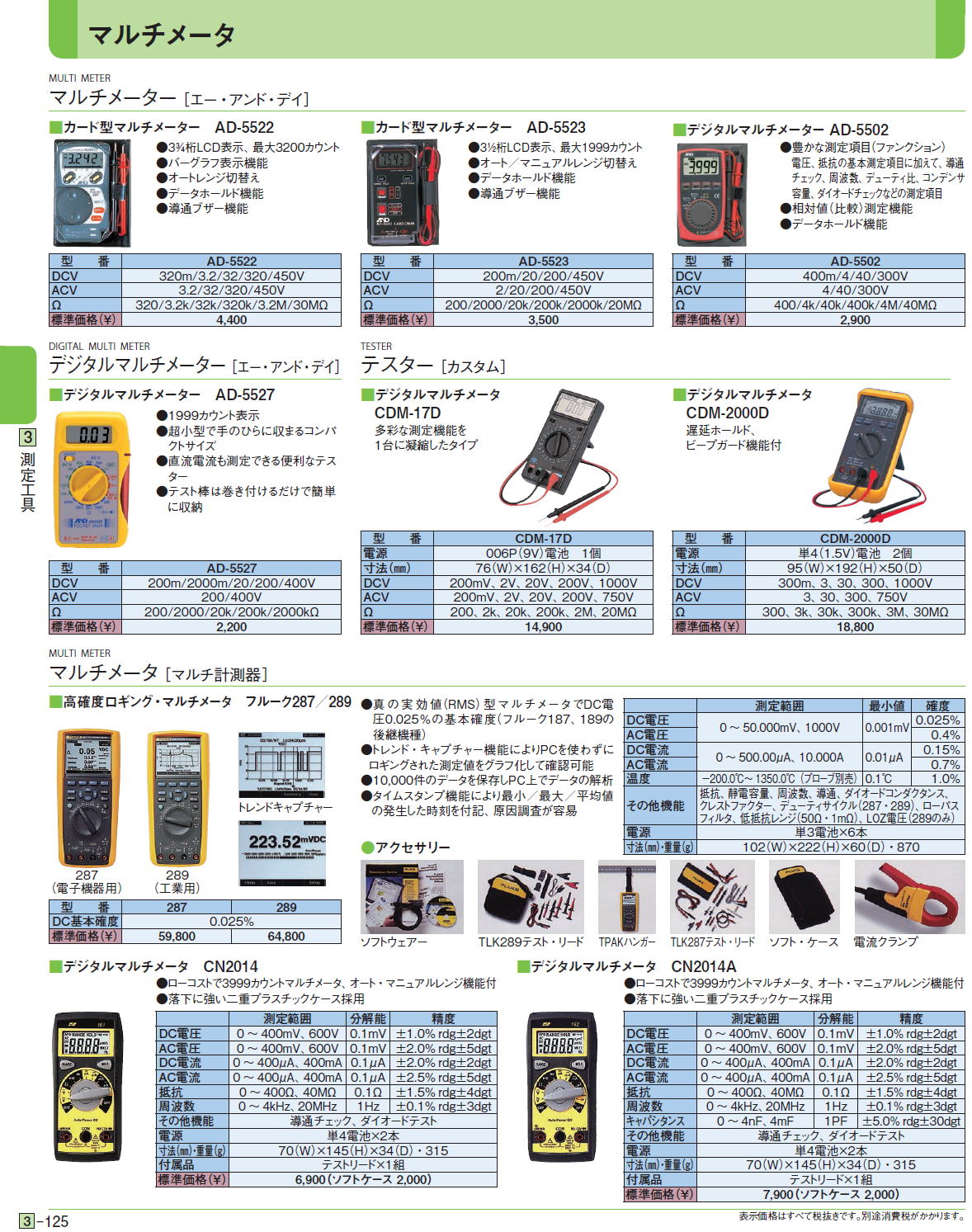 ■カード型マルチメーター　AD-5522/■カード型マルチメーター　AD-5523/■デジタルマルチメーター AD-5502/■デジタルマルチメーター　AD-5527/■デジタルマルチメータCDM-17D/■ デジタルマルチメータCDM-2000D/■ 高確度ロギング・マルチメータ　フルーク287/289/■デジタルマルチメータ　CN2014/■デジタルマルチメータ　CN2014A