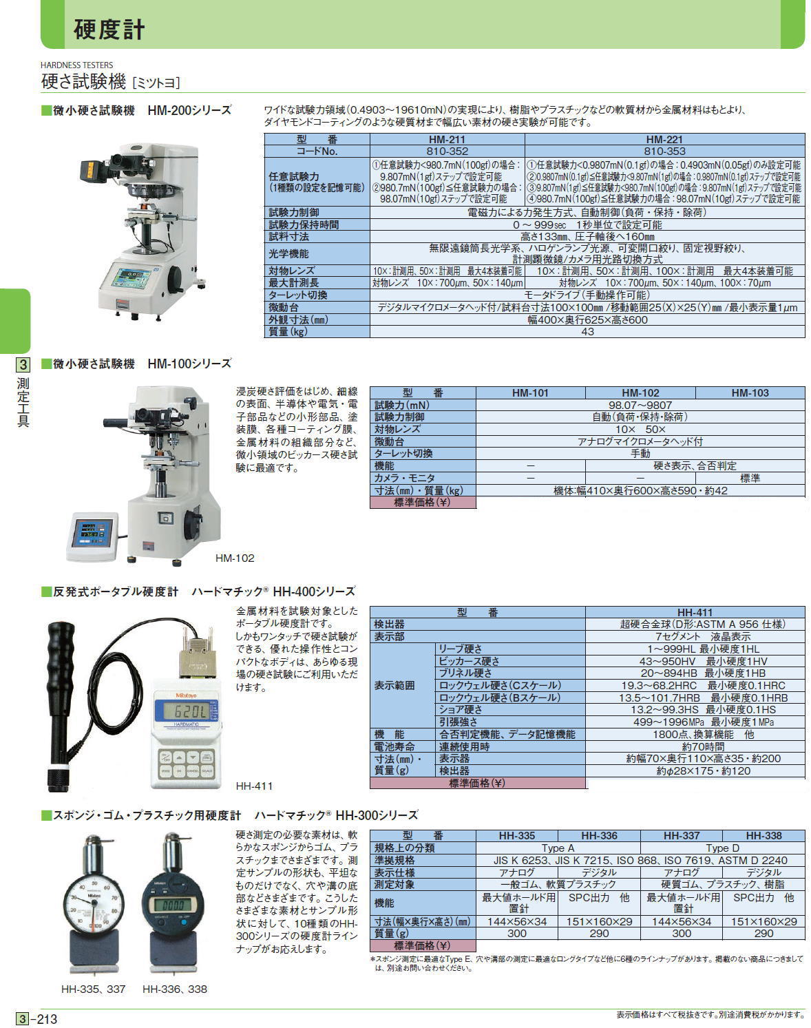 硬さ試験機 ［ミツトヨ］■微小硬さ試験機　HM-200シリーズ　■微小硬さ試験機　HM-100シリーズ　■反発式ポータブル硬度計　ハードマチック® HH-400シリーズ　■スポンジ・ゴム・プラスチック用硬度計　ハードマチック® HH-300シリーズ