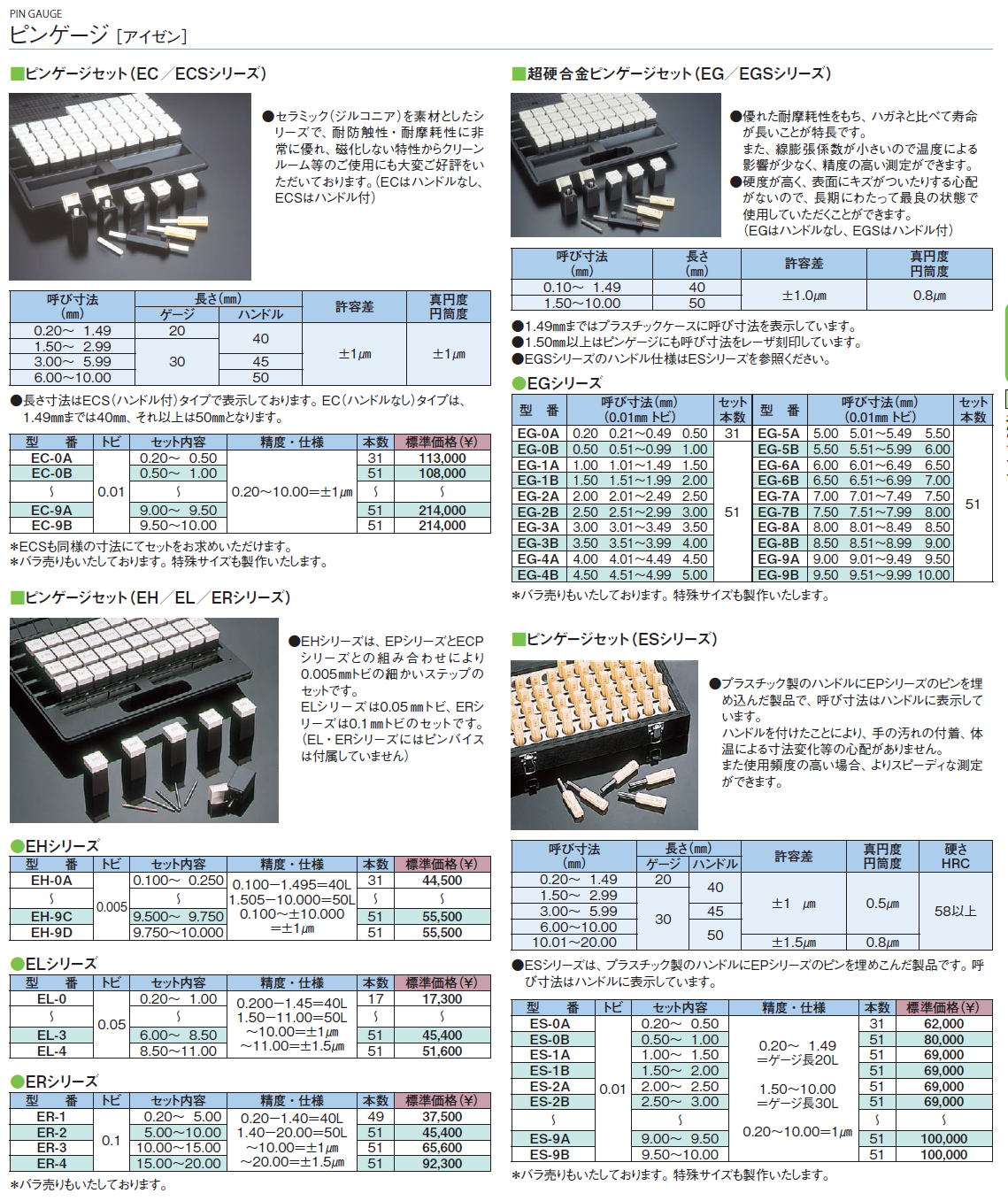 測定工具　ピンゲージ ・ピンゲージ ［アイゼン］・ピンゲージセット（EC／ECSシリーズ）・超硬合金ピンゲージセット（EG／EGSシリーズ）・ピンゲージセット（EH／EL／ERシリーズ）・ピンゲージセット（ESシリーズ）