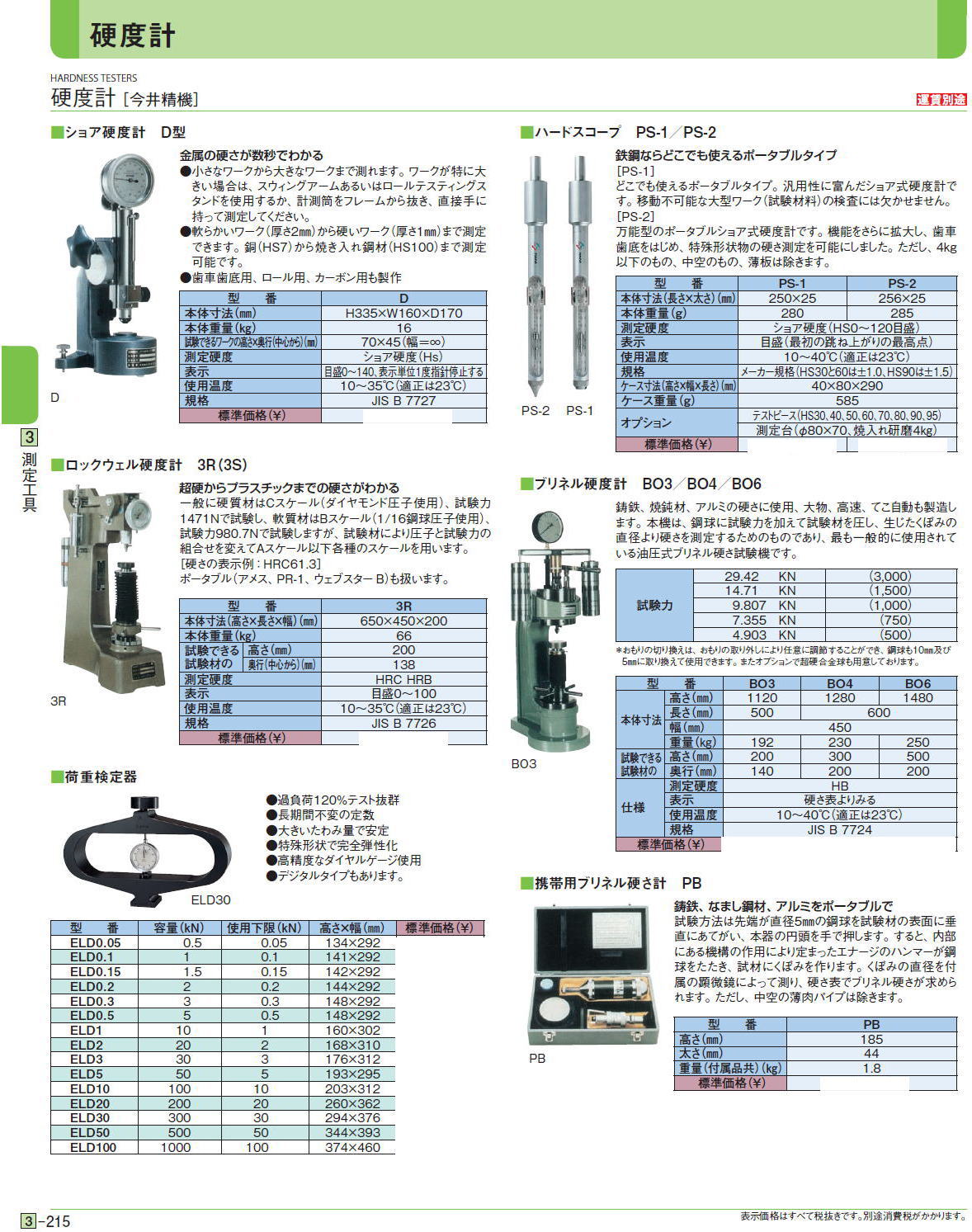 硬度計［ 今井精機］ ■ショア硬度計　D型　■ハードスコープ　PS-1／PS-2　■ロックウェル硬度計　3R（3S）　■ブリネル硬度計　BO3／BO4／BO6　■荷重検定器　■携帯用ブリネル硬さ計　PB