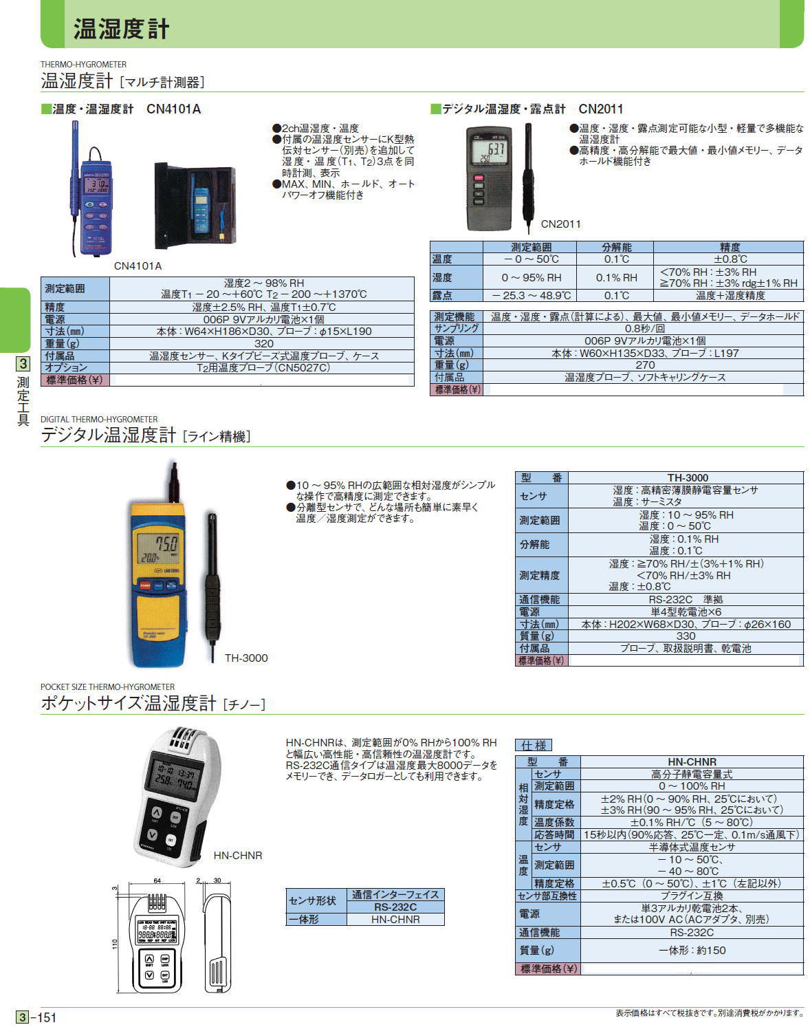 温湿度計［ マルチ計測器］■温度・温湿度計　CN4101A/■デジタル温湿度・露点計　CN2011/TH-3000/HN-CHNR