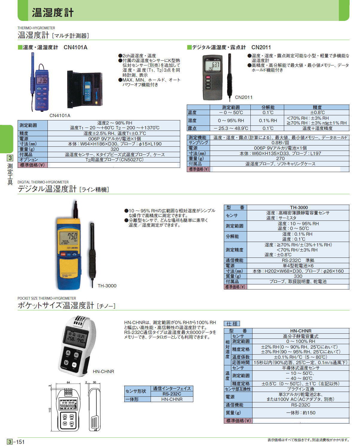 温湿度計［ マルチ計測器］■温度・温湿度計　CN4101A/■デジタル温湿度・露点計　CN2011/TH-3000/HN-CHNR