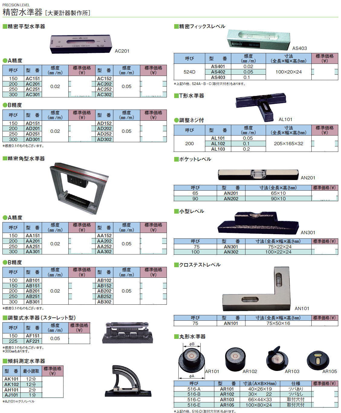 ・精密水準器［ 大菱計器製作所］・精密平型水準器A精度・B精度/精密フィックスレベル/T形水準器/ポケットレベル/精密角型水準器A精度・B精度/小型レベル　クロステストレベル/丸形水準器/調整式水準器（スターレット型）/傾斜測定水準器