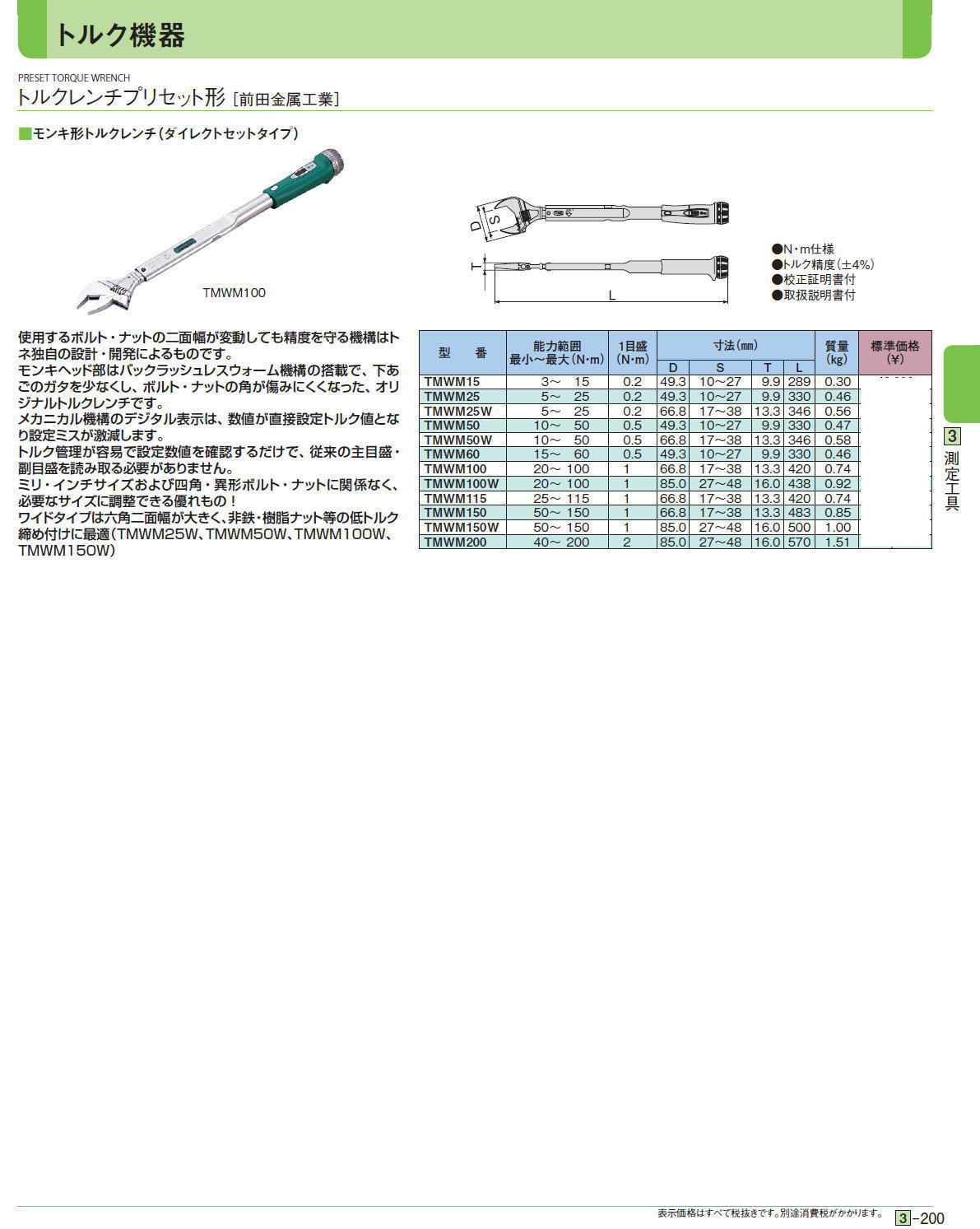 トルクレンチプリセット形［ 前田金属工業］■モンキ形トルクレンチ（ダイレクトセットタイプ）■モンキ形トルクレンチ