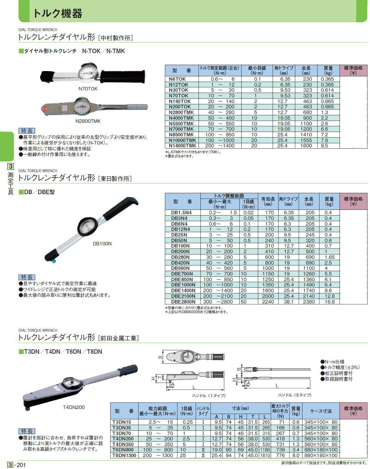 トルクレンチダイヤル形［ 中村製作所］■ダイヤル形トルクレンチ　N-TOK／N-TMK / トルクレンチダイヤル形［ 東日製作所］■DB／DBE型 / トルクレンチダイヤル形［ 前田金属工業］ ■T3DN／T4DN／T6DN／T8DN