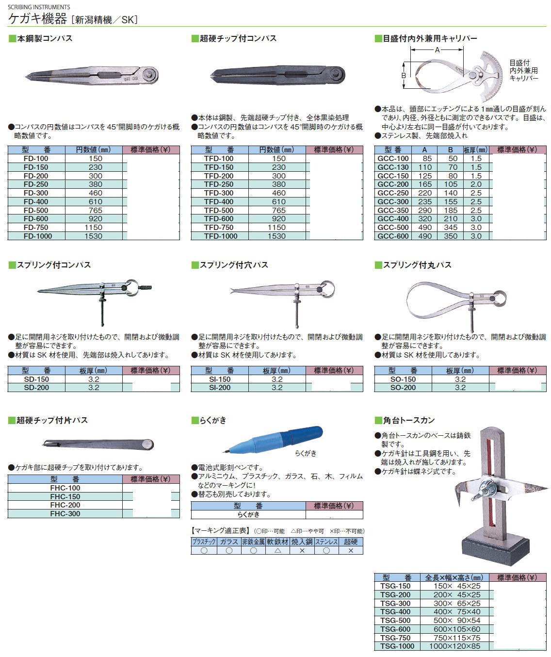 ケガキ機器［ 新潟精機／SK］　本鋼製コンパス/超硬チップ付コンパス/目盛付内外兼用キャリパー/スプリング付コンパス/スプリング付穴パ/スプリング付丸パス/超硬チップ付片パス/らくがき/角台トースカン