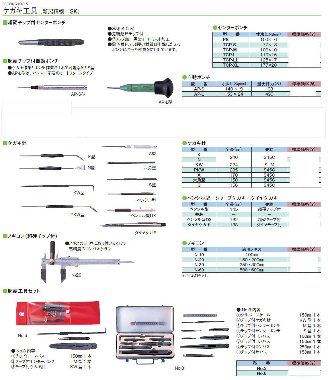 ケガキ工具［ 新潟精機／SK］　超硬チップ付センターポンチ/超硬チップ付自動ポンチ/超硬チップ付スーパーポンチ/ケガキ針/ノギコン（超硬チップ付）/超硬工具セット