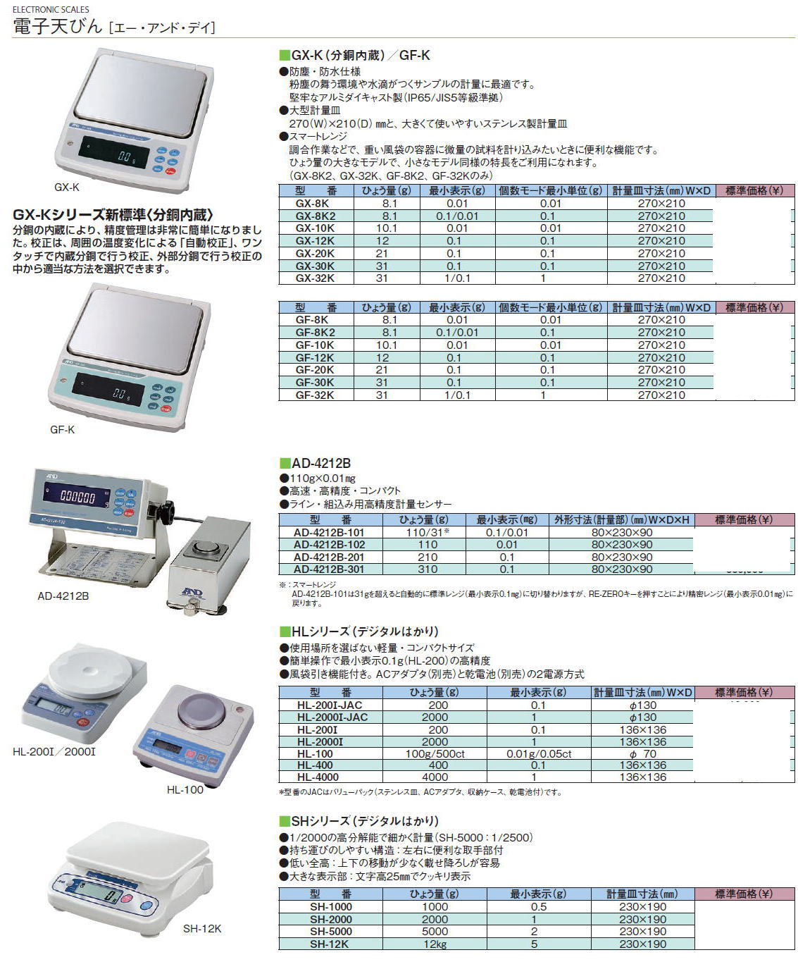 電子天びん ［エー・アンド・デイ］GX-K（分銅内蔵）／GF-K / AD-4212B /HLシリーズ（デジタルはかり）/SHシリーズ（デジタルはかり）