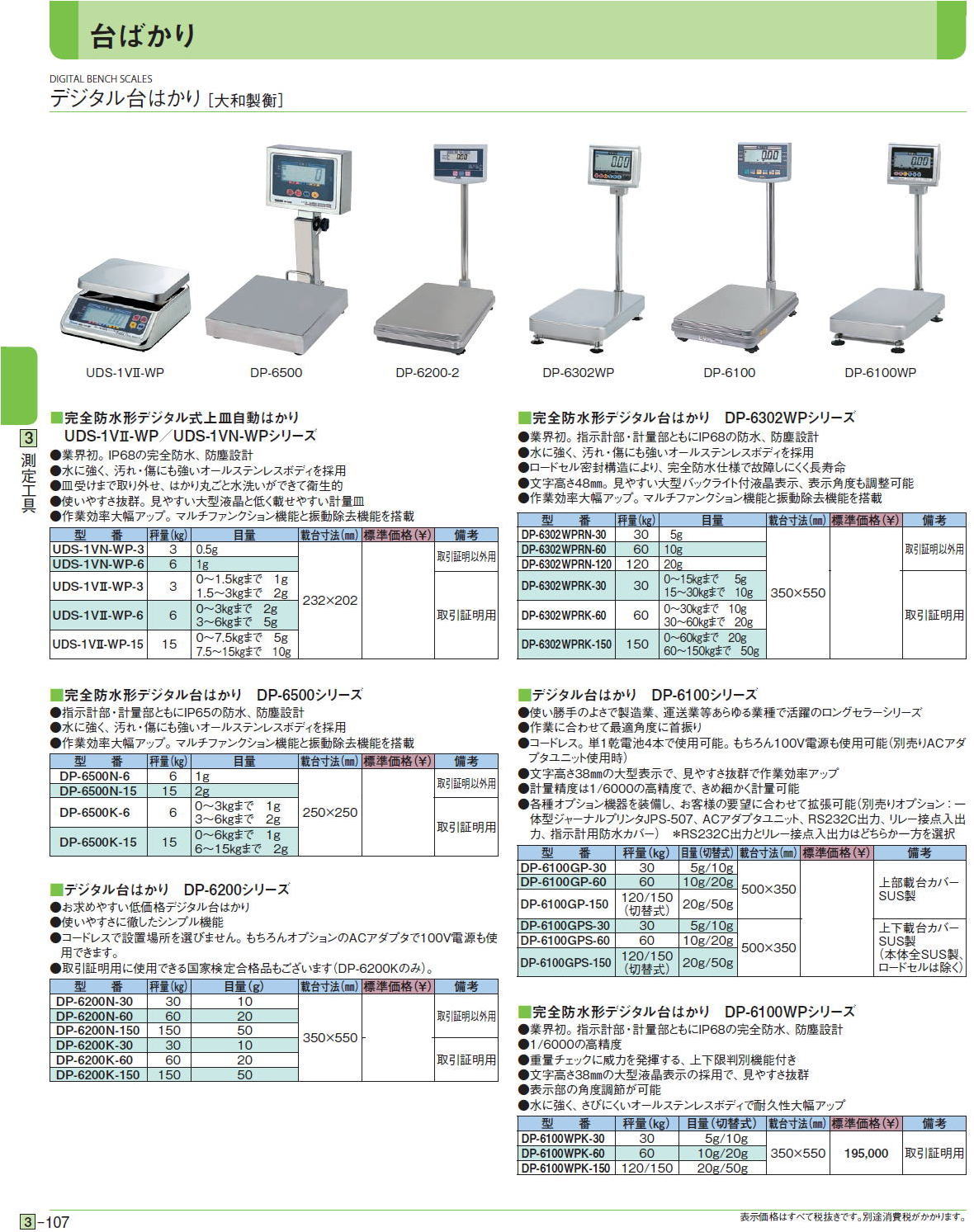 デジタル台はかり［ 大和製衡］完全防水形デジタル式上皿自動はかり　　UDS-1VⅡ-WP／UDS-1VN-WPシリーズ　完全防水形デジタル台はかり　DP-6302WPシリーズ　完全防水形デジタル台はかり　DP-6500シリーズ　デジタル台はかり　DP-6100シリーズ　デジタル台はかり　DP-6200シリーズ　■完全防水形デジタル台はかり　DP-6100WPシリーズ