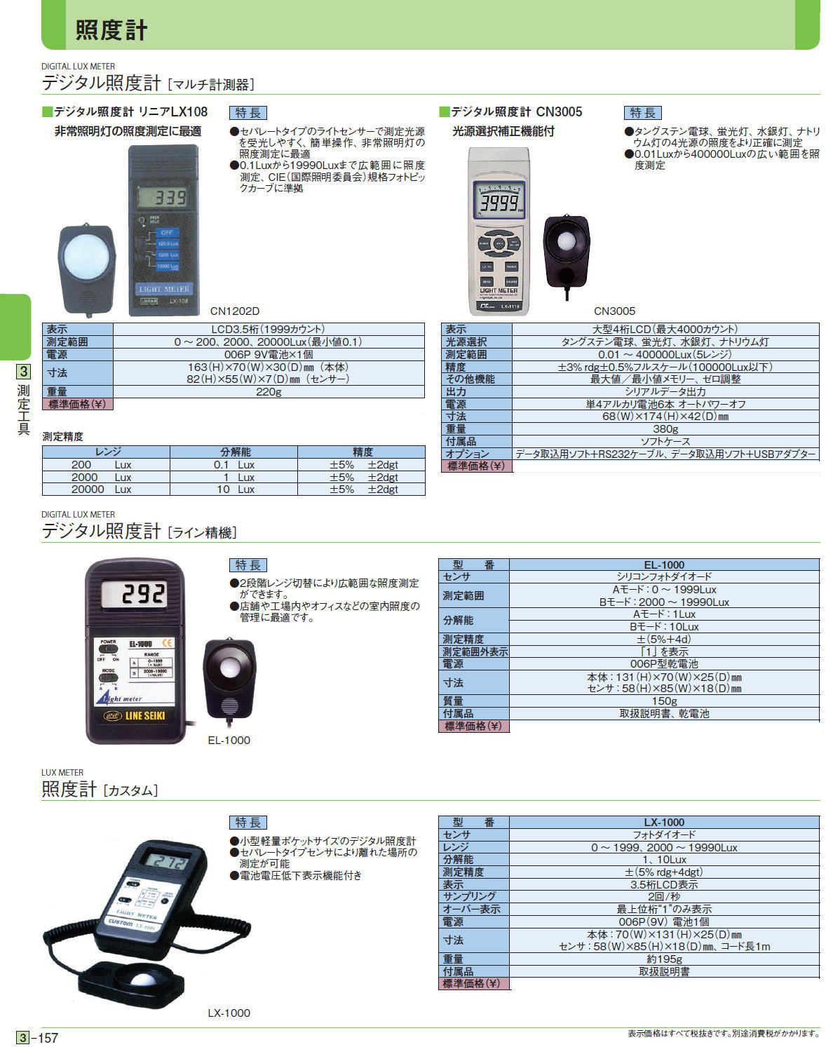 デジタル照度計［ マルチ計測器］デジタル照度計 ［ライン精機］照度計 ［カスタム］ デジタル照度計 リニアLX108■デジタル照度計 CN3005/EL-1000/LX-1000