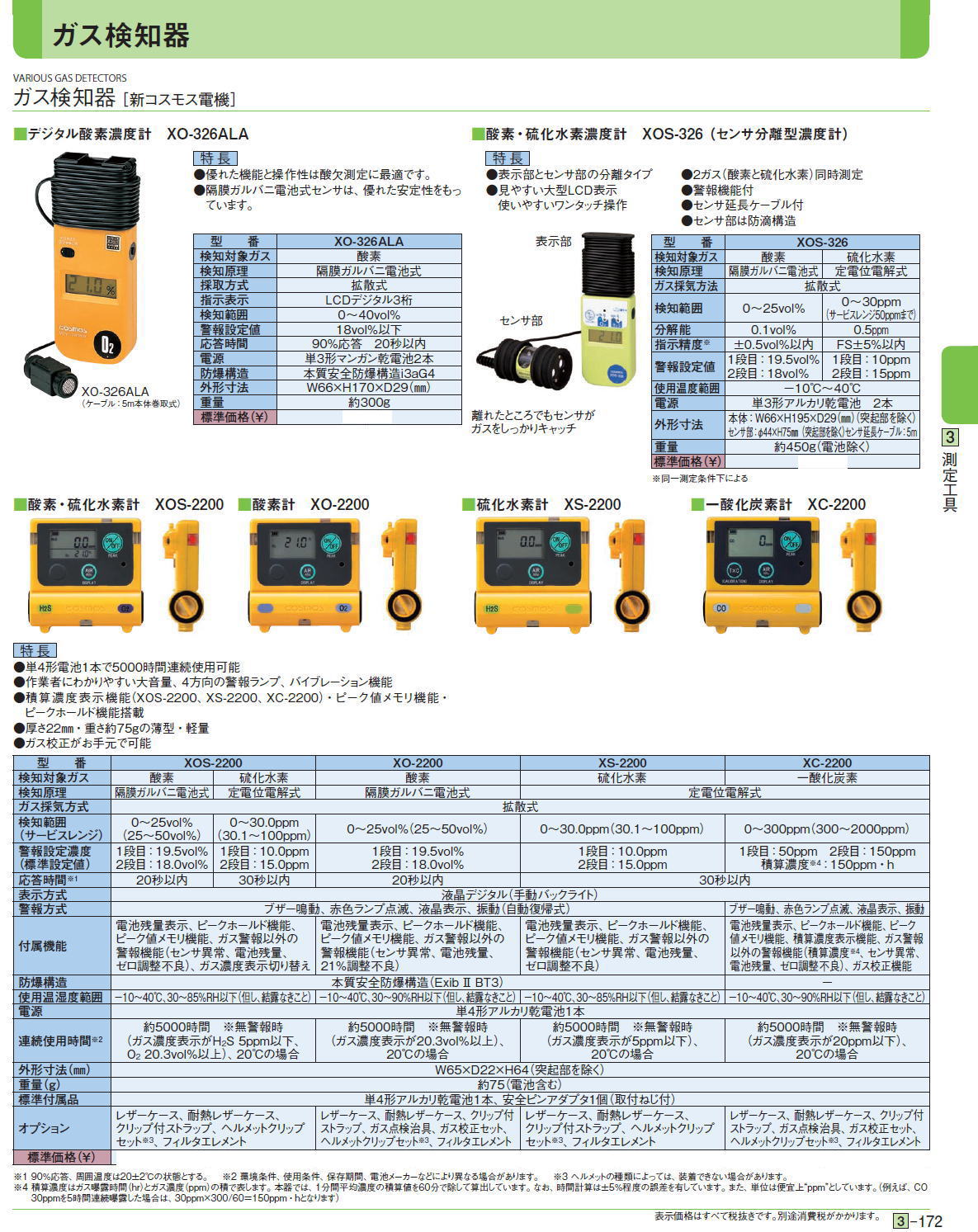 ガス検知器［ 新コスモス電機］　■デジタル酸素濃度計　XO-326ALA■酸素・硫化水素濃度計　XOS-326 （センサ分離型濃度計）■酸素・硫化水素計　XOS-2200 ■酸素計　XO-2200 ■硫化水素計　XS-2200 ■一酸化炭素計　XC-2200