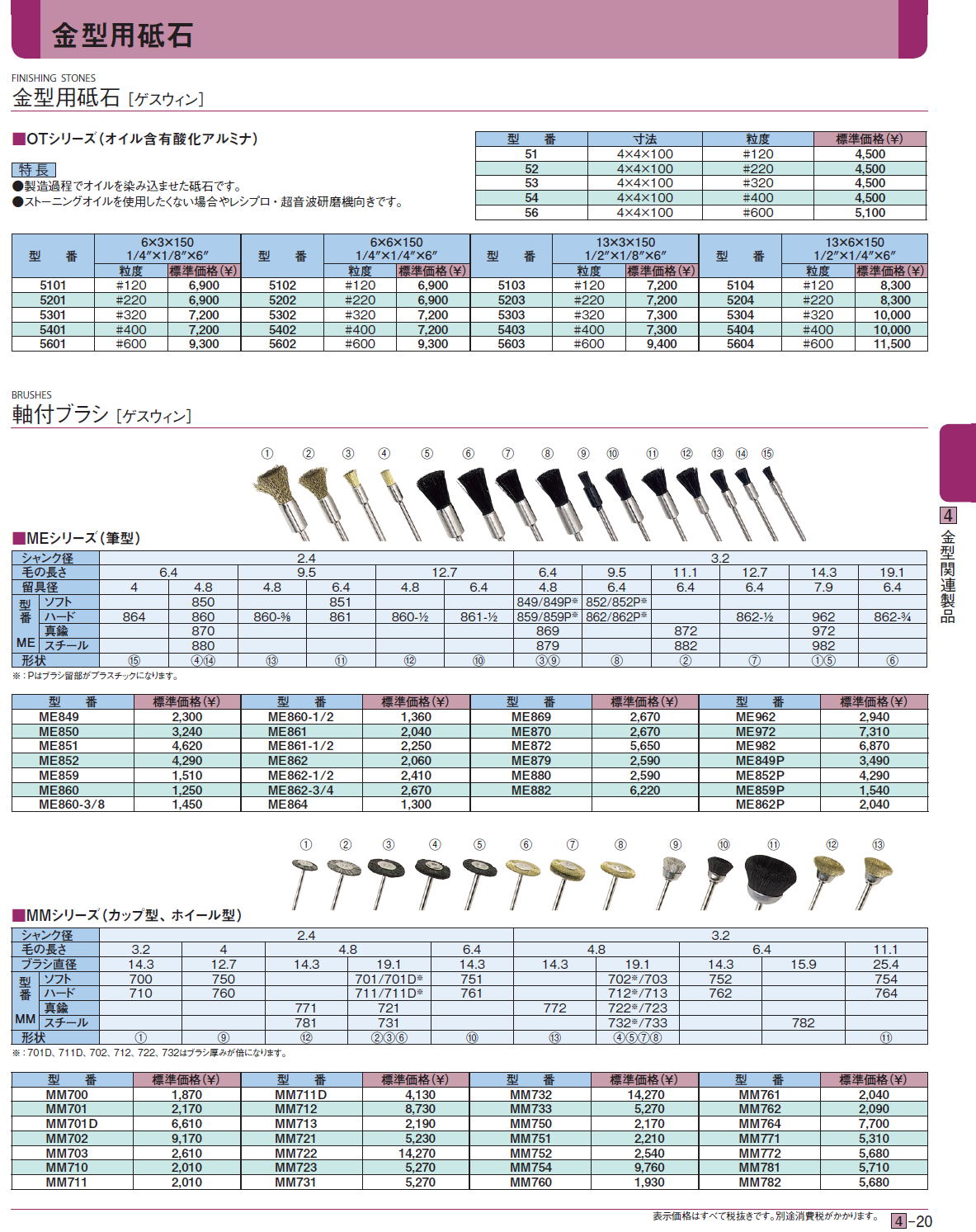 金型用砥石 ［ゲスウィン］ OTシリーズ（オイル含有酸化アルミナ） / 軸付ブラシ ［ゲスウィン］MEシリーズ（筆型） MMシリーズ（カップ型、ホイール型）