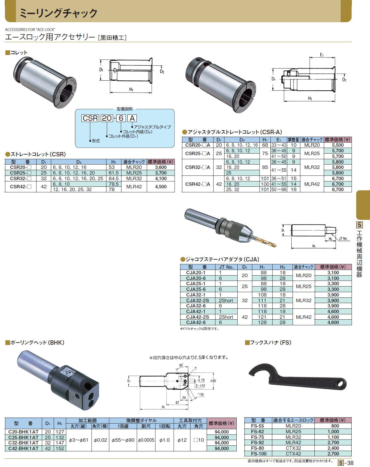 エースロック用アクセサリー［ 黒田精工］/ストレートコレット（CSR）/アジャスタブルストレートコレット（CSR-A）/モールステーパアダプタ（CMR）/ジャコブステーパアダプタ（CJA）/ボーリングヘッド（BHK）/フックスパナ（FS）